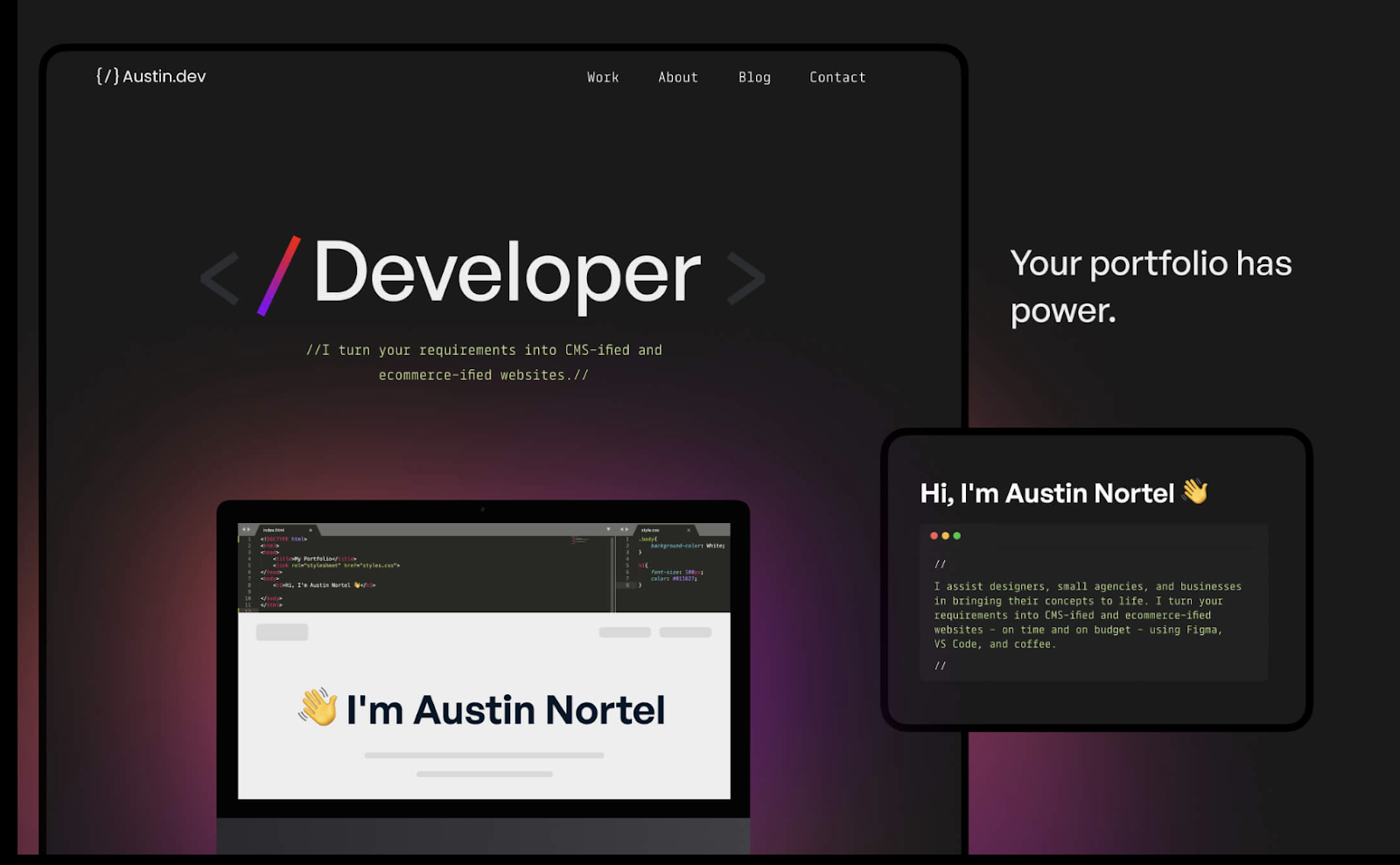 Dark theme Webflow portfolio template - Austin Wedoflow portfolio template