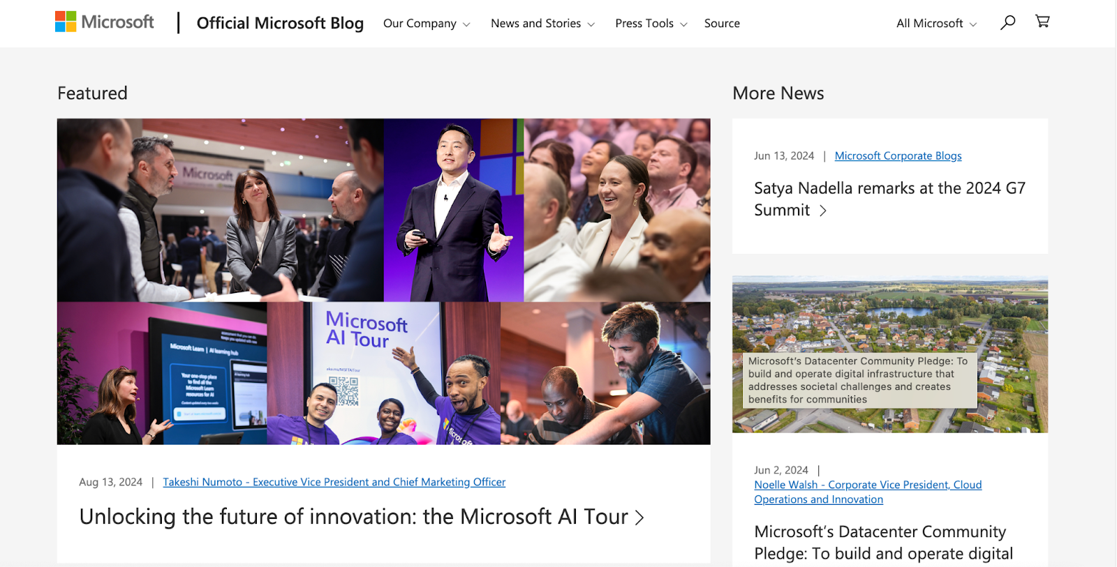 Microsoft Blog website highlighting the AI Tour event, featuring executives and attendees, alongside updates on company initiatives