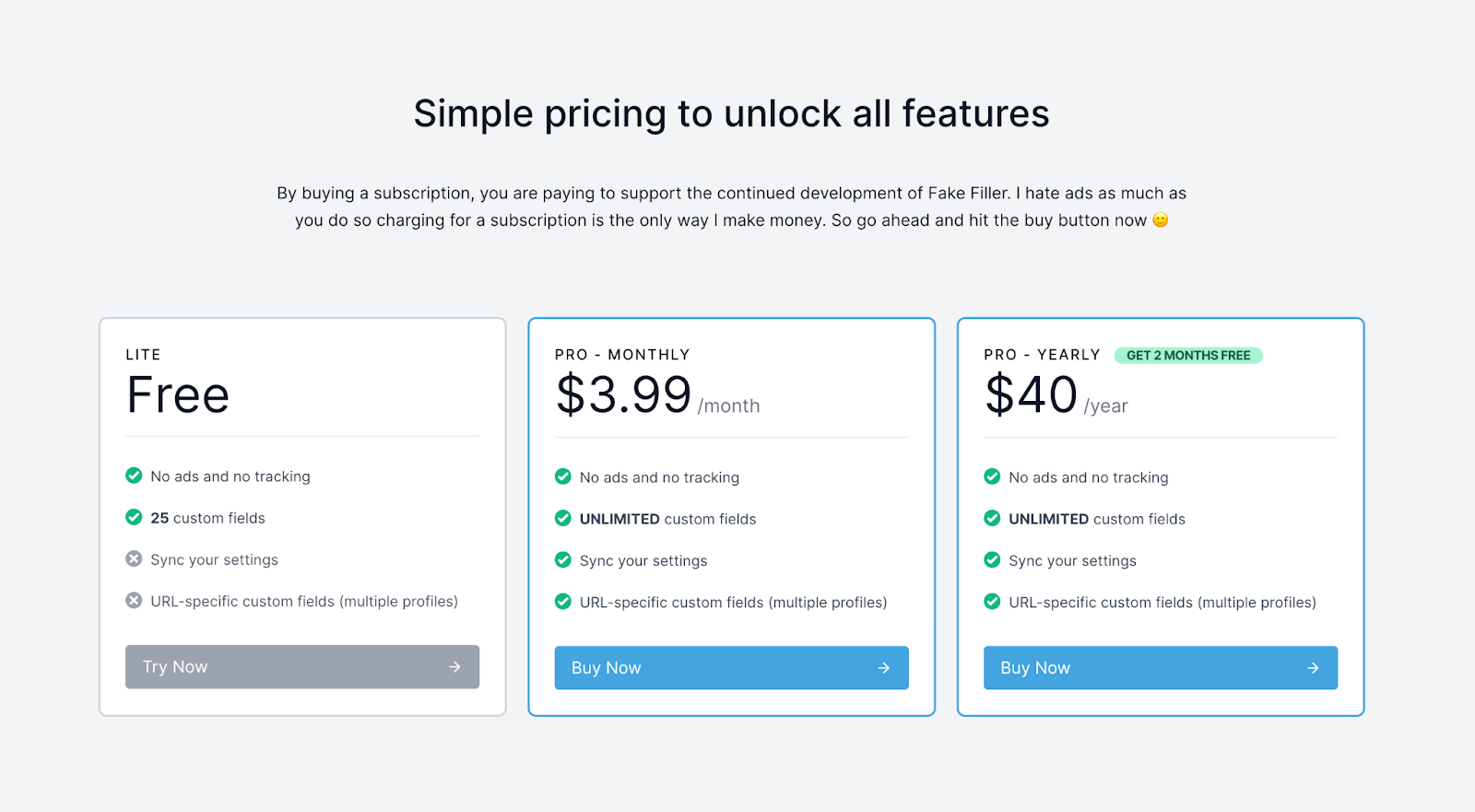 An image showing the prices and features of Fake filler, in its Free and Premium versions
