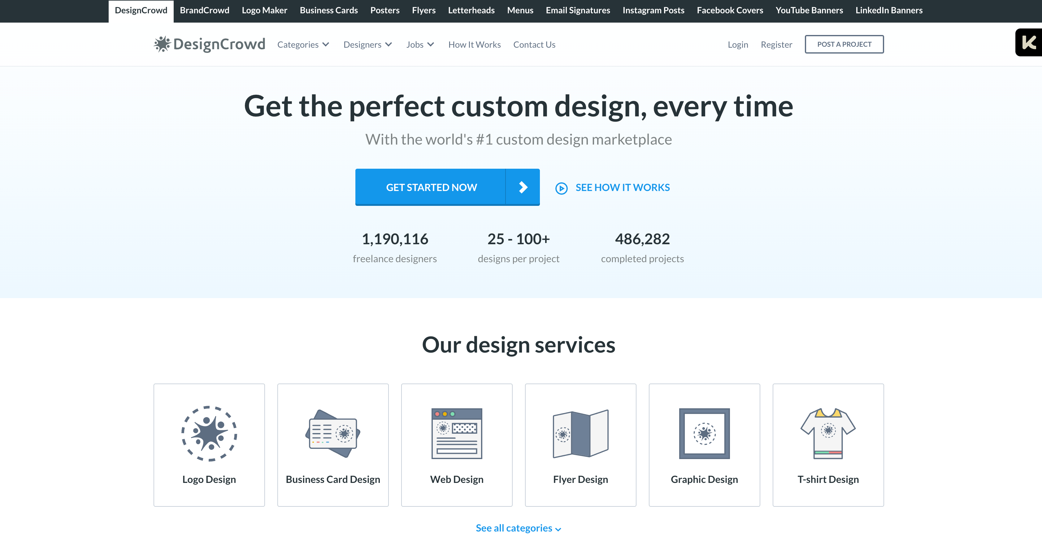 A screenshot of the DesignCrowd website, showing their design services