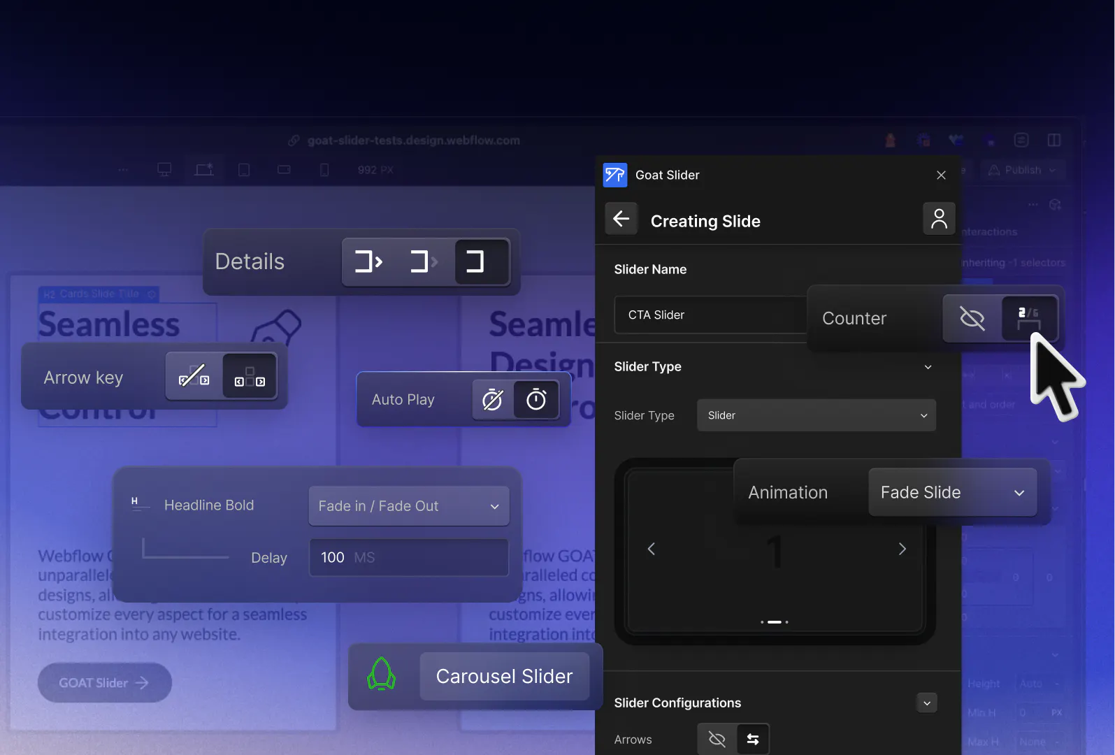 Goat Slider styles and customization options shown inside the webflow designer canvas