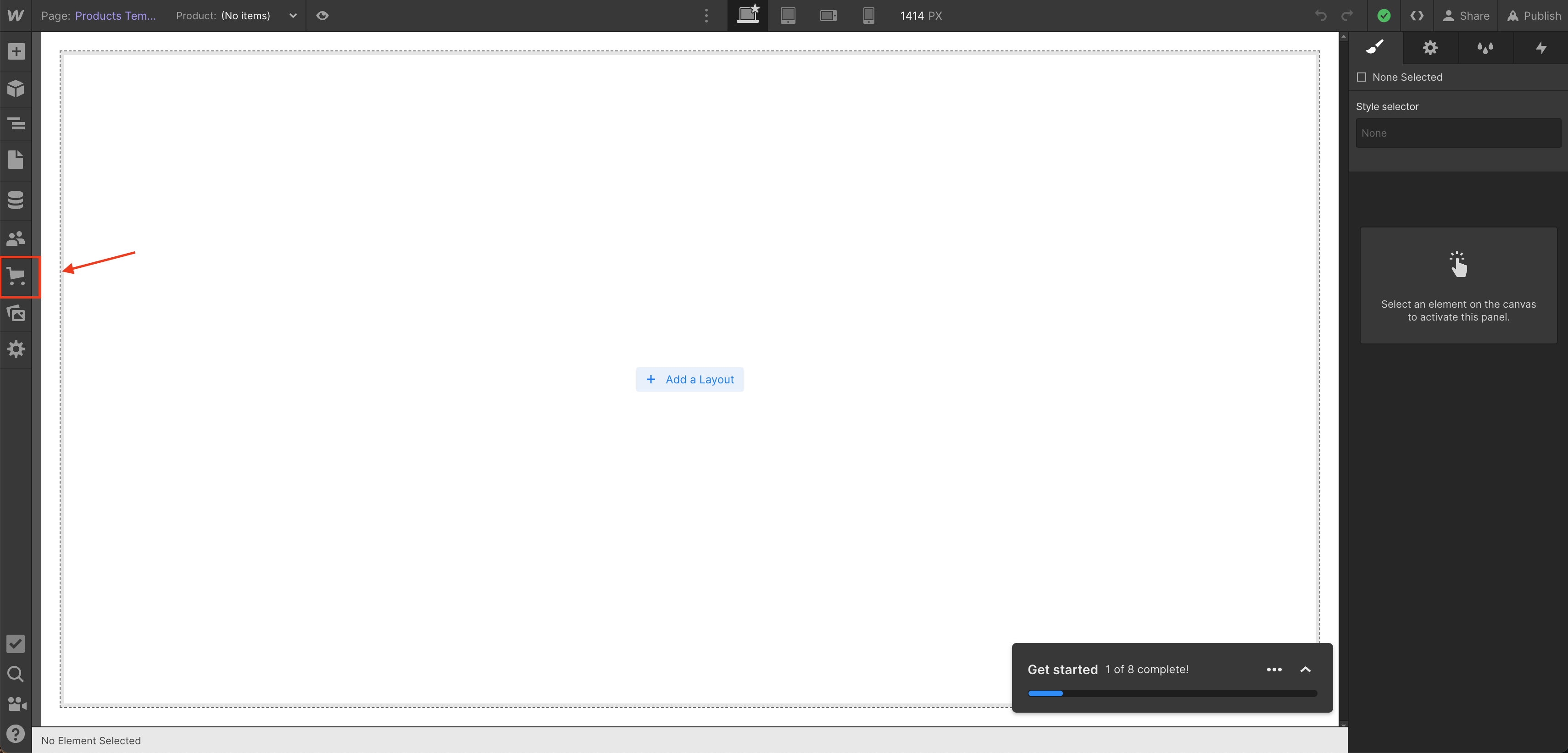 A picture of webflow visual canvas highlighting the ecommerce button