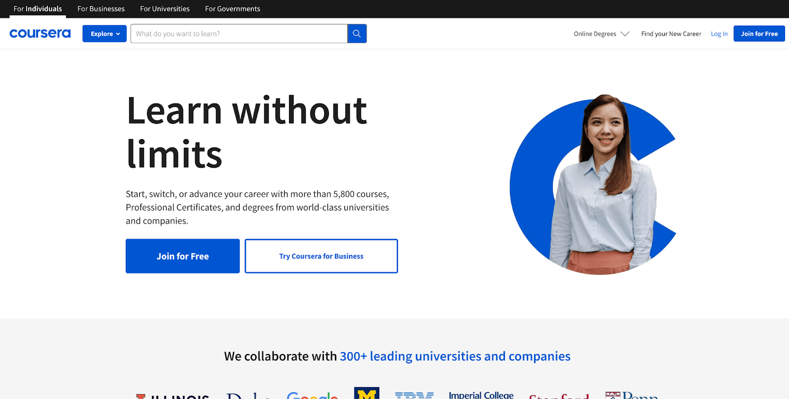 Coursera's homepage screenshot saying "Learn without limits"