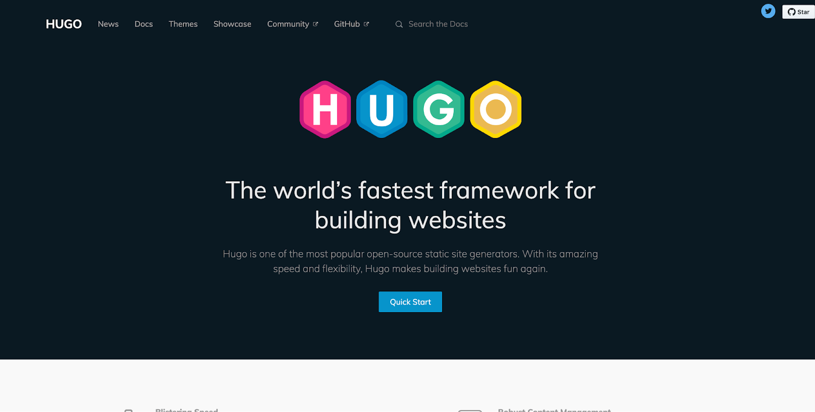 Hugo's homepage screenshot showing the Hugo name in 4 different colors per letter