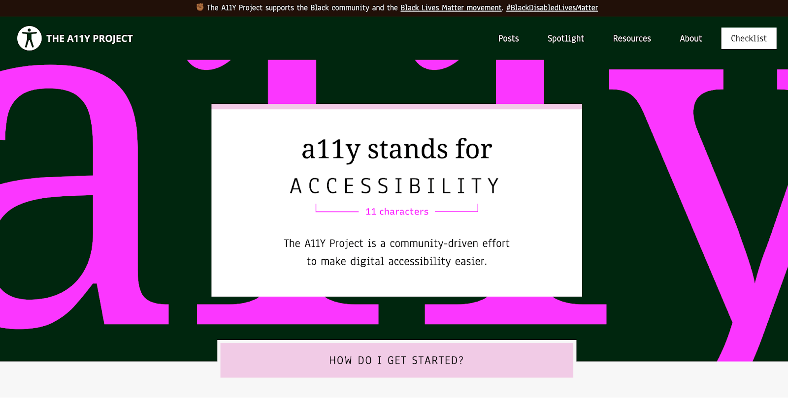 A11yproject's homepage screenshot - saying a11y stands for ACCESSIBILITY"