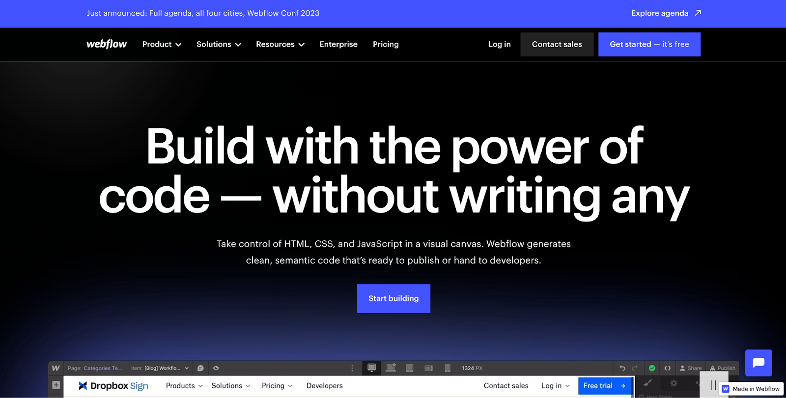 Webflow's homepage screenshot - with a big quoute" Build with the power of code—without writing any"