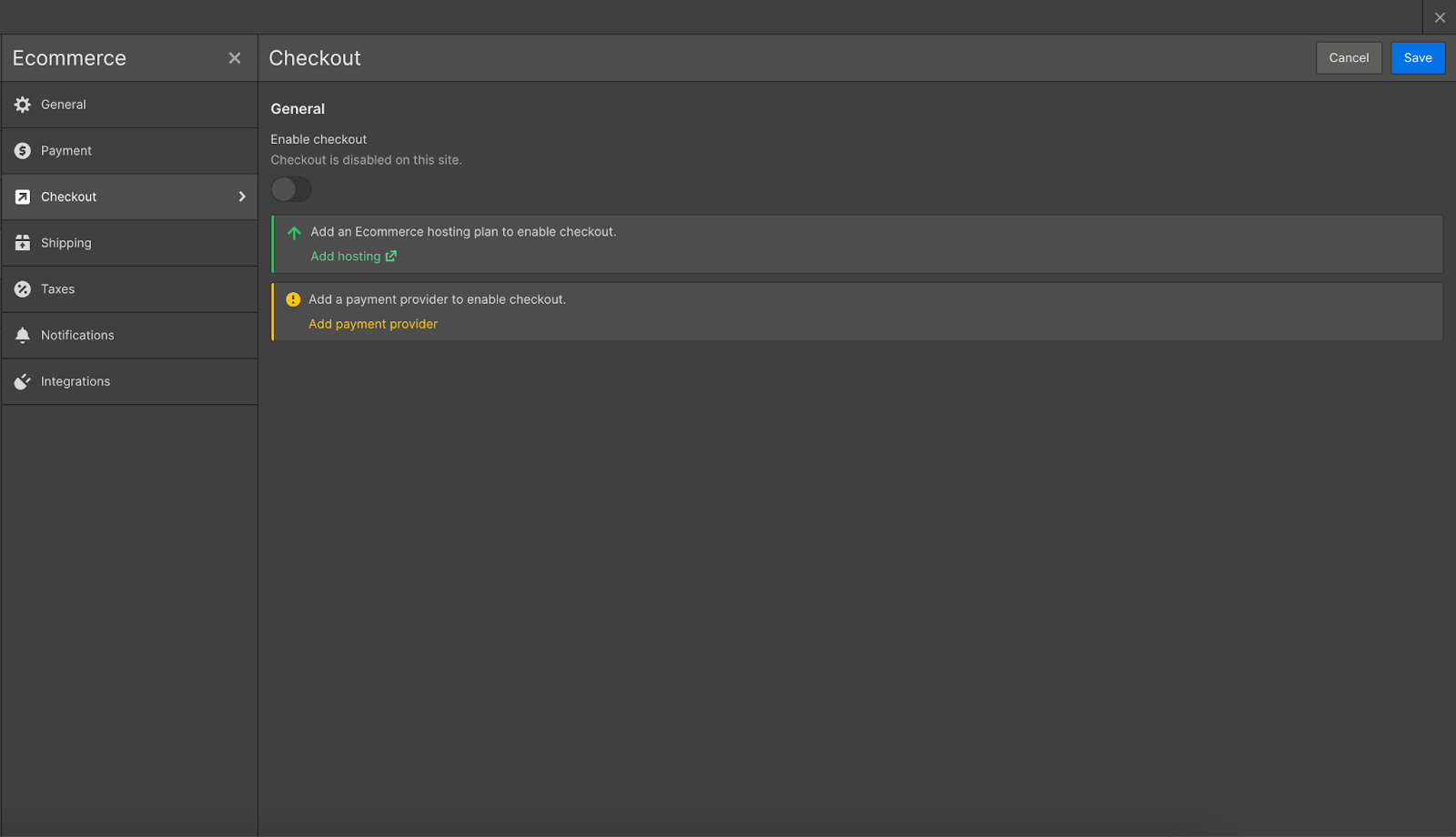 An image on how to enable checkout on webflow ecommerce settings