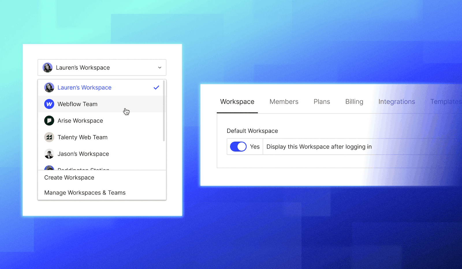 an image showing how to set up default workspace in webflow