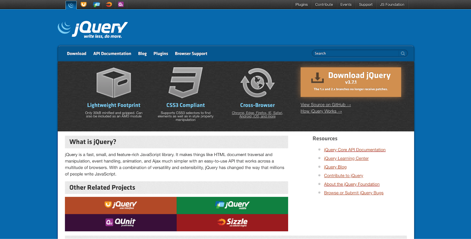 jQuery homepage view, showing the download button section and a "what is jQuery description".