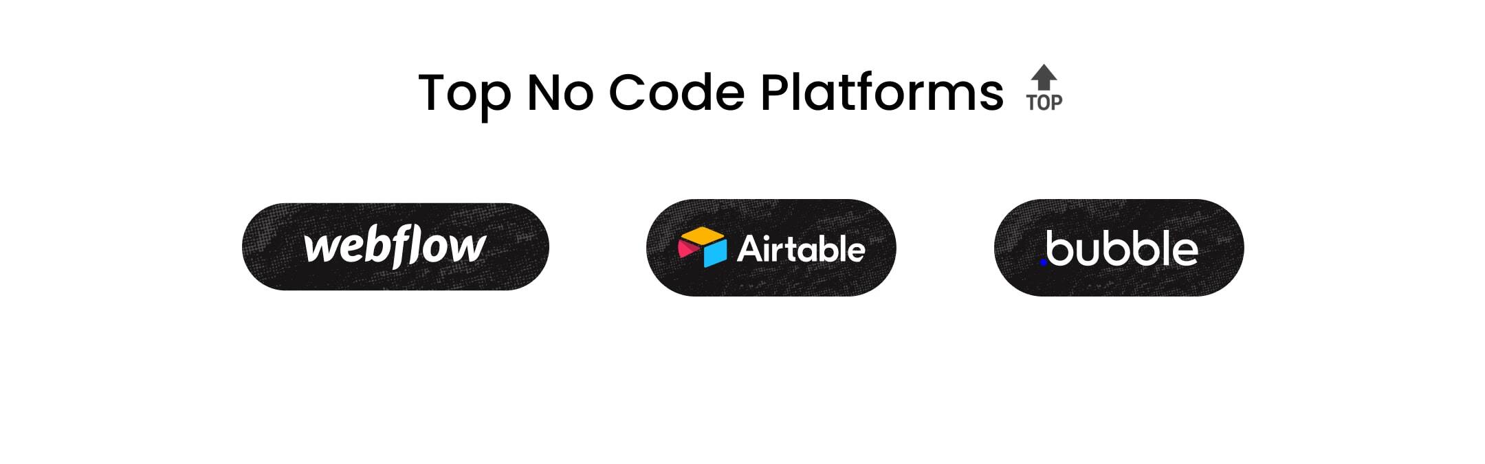 A picture of the top no code platforms - Webflow, Airtable, Bubble