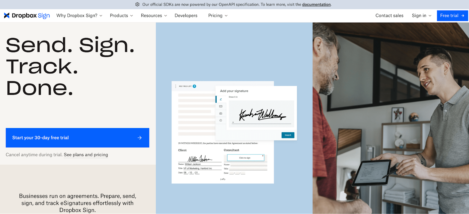 Dropbox Sign webpage with 'Send. Sign. Track. Done.' headline, free trial button, and a digital signature on a tablet.