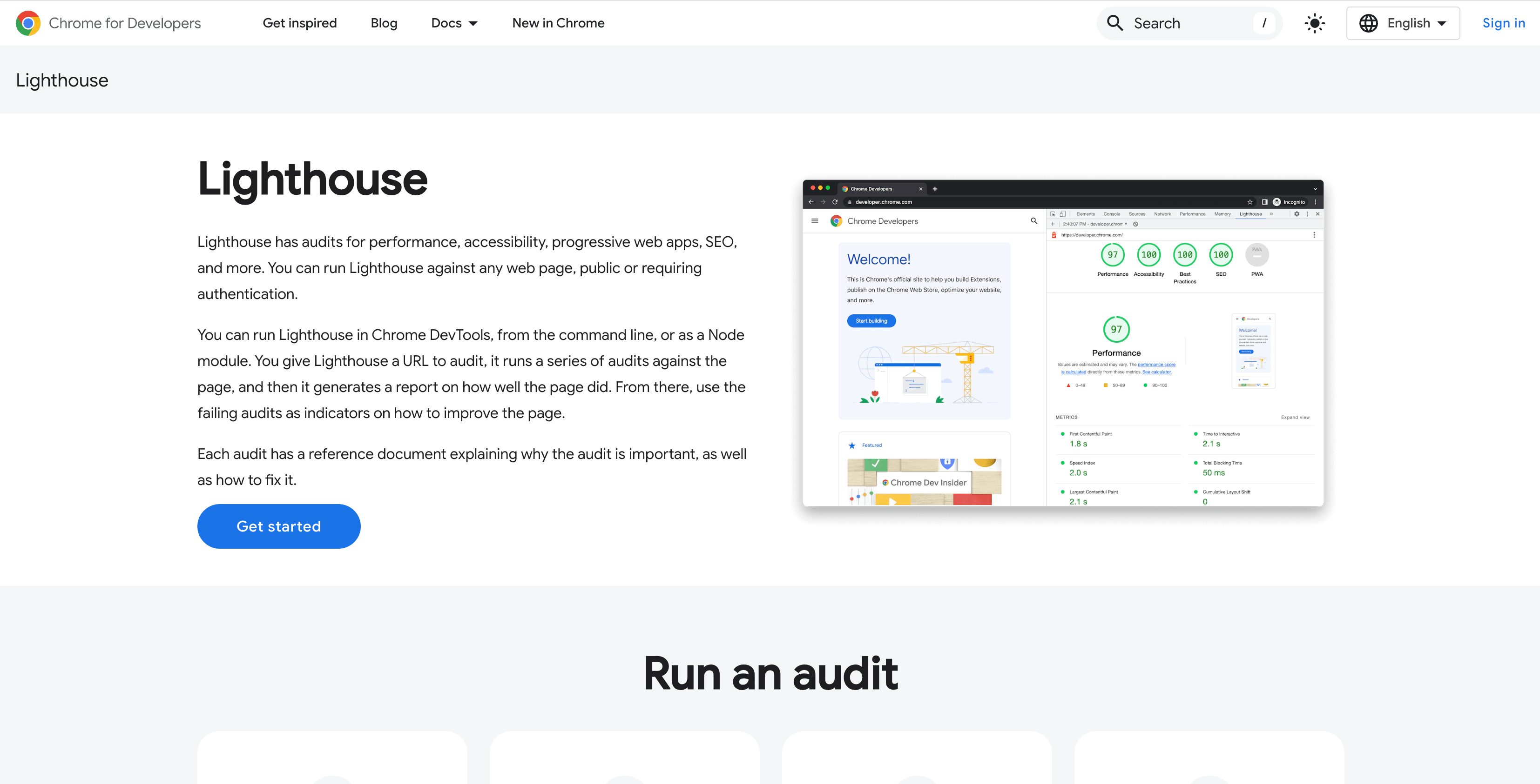 A preview of the Lighthouse page, a tool for site audit by google