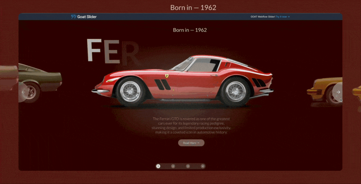 A gif showing the Cars slider template from the Goat slider webflow application. A porche, ferrari and BMW, are shown through the slides as examples.