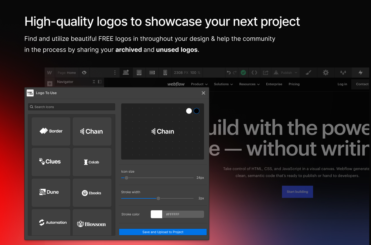 A preview of Logo to Use Webflow App - showing different free logos you can use throughout your designf