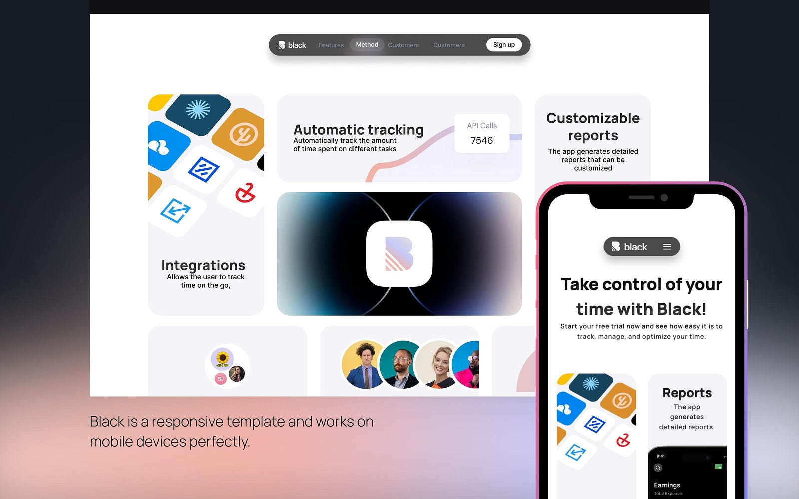 Webflow Template — Black . Black’s homepage is shown on both mobile screen and desktop view