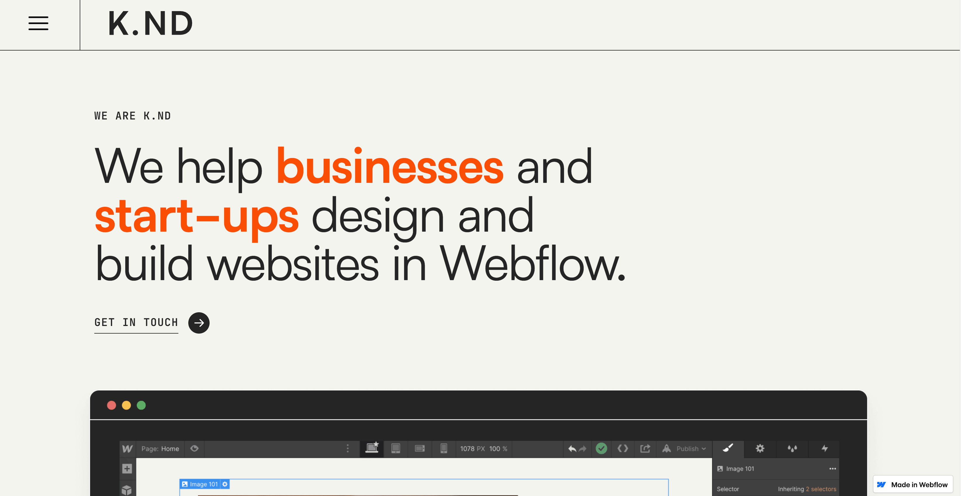 Screenshot of KND Agency's free Webflow template homepage, featuring a clean and minimalist design with a hero section containing the company logo, tagline, and a call to action button.
