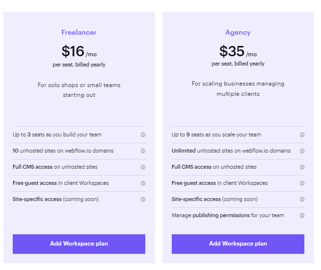Webflow pricing for freelancer and for agency