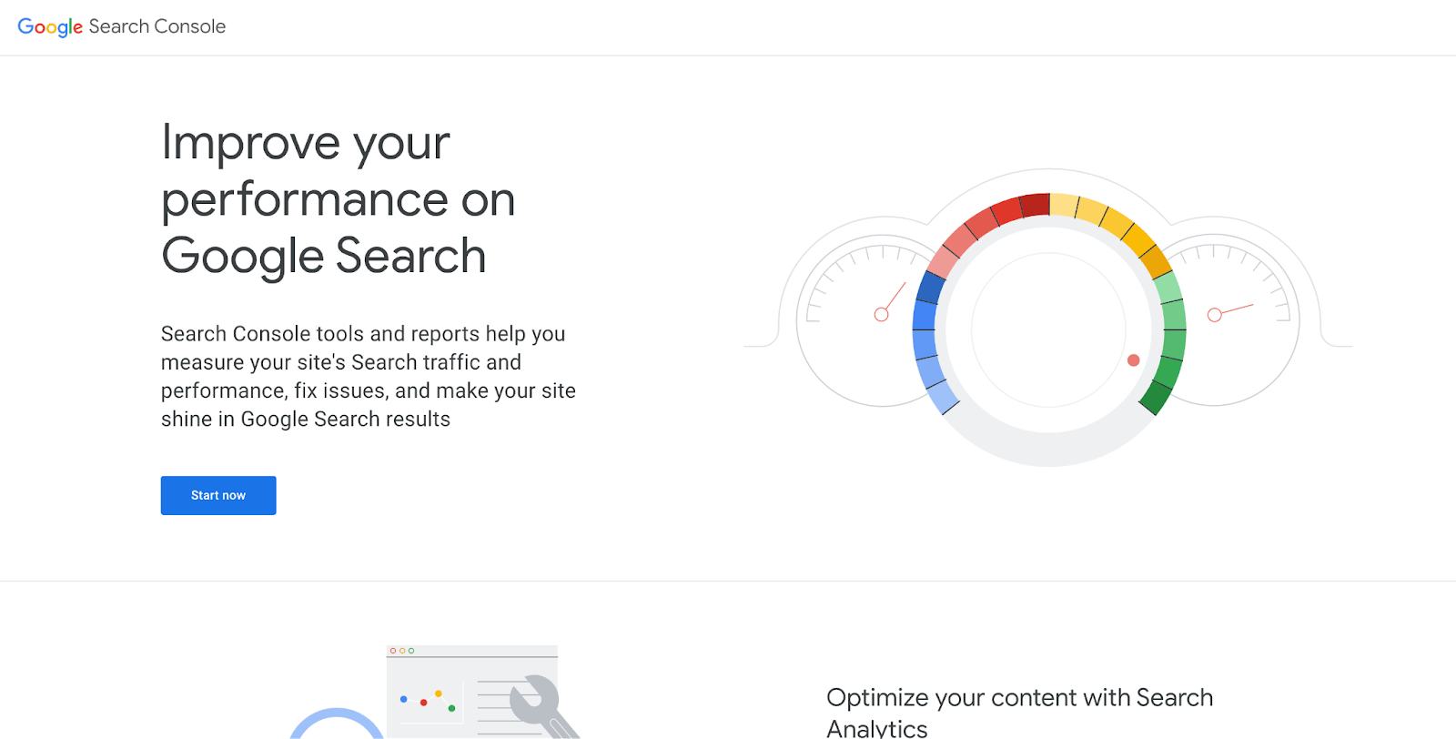 Google Search Console's homepage screenshot, a text writes "Improve your performance on Google Search"