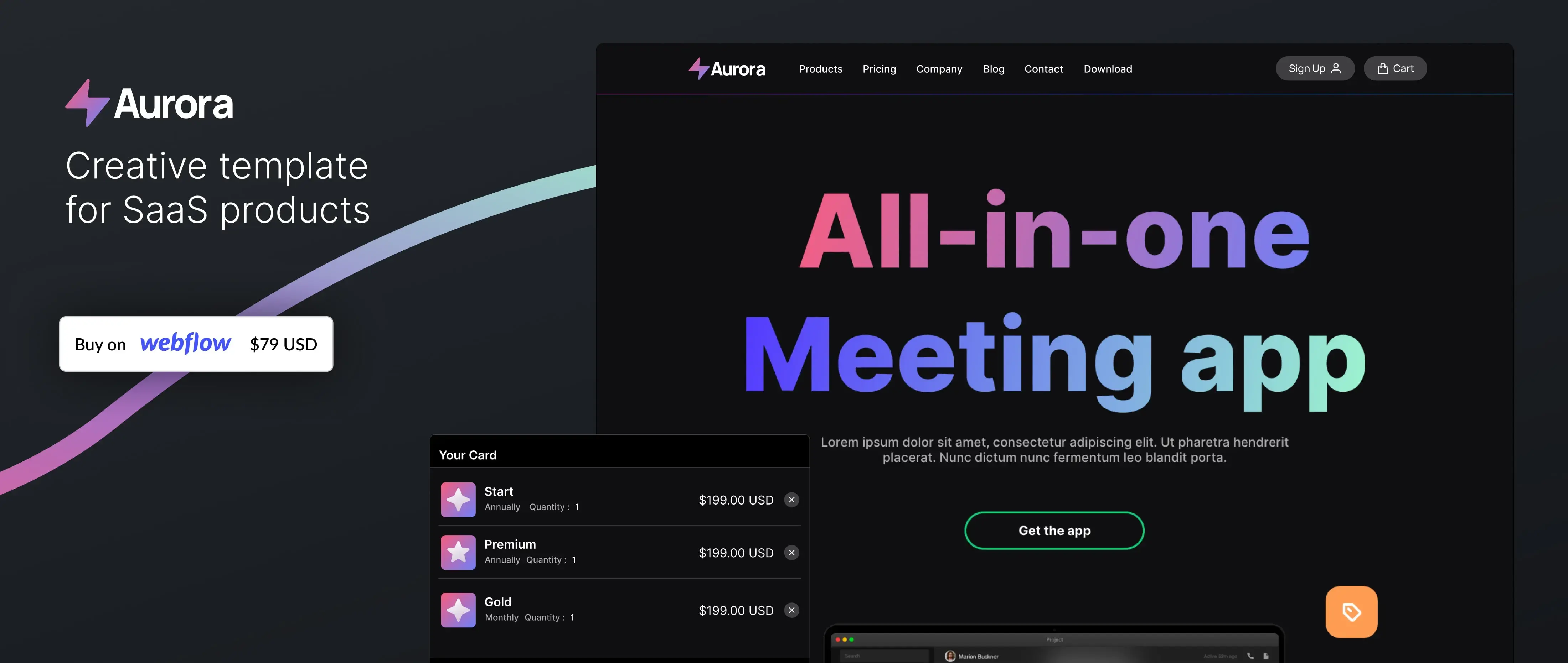 A preview of Webflow SaaS template - Aurora