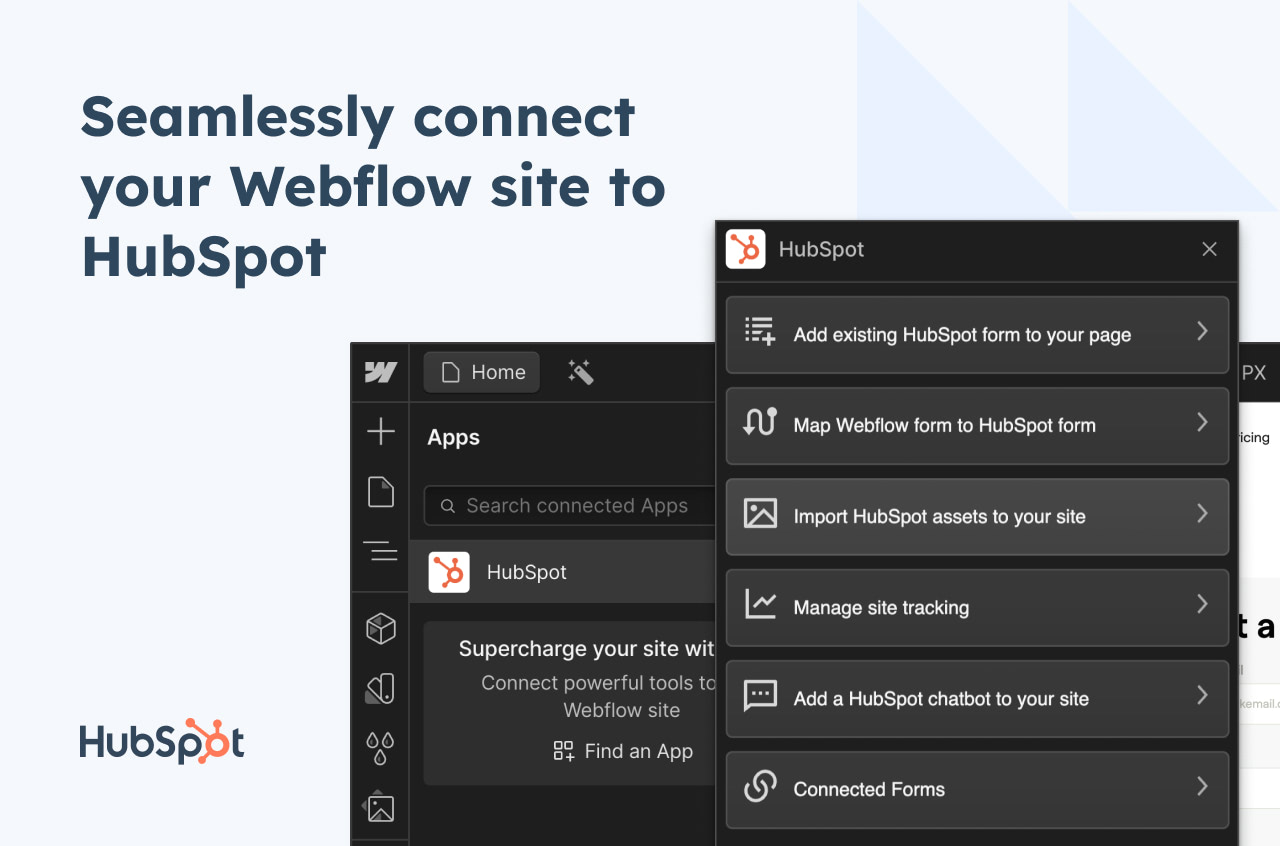 A preview of the HubSpot webflow app - the text in the image reads "Seamlessly connect your webflow site to Hubspot