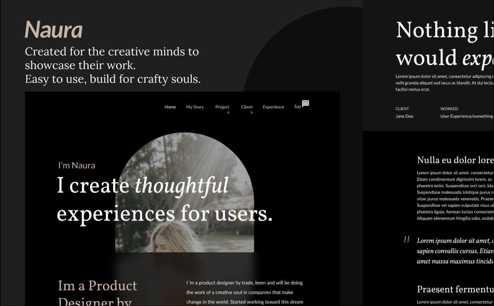 Naura Webflow website template. Dark mode inspiring example of One Page template for landing page – Webflow template build by Wedoflow
