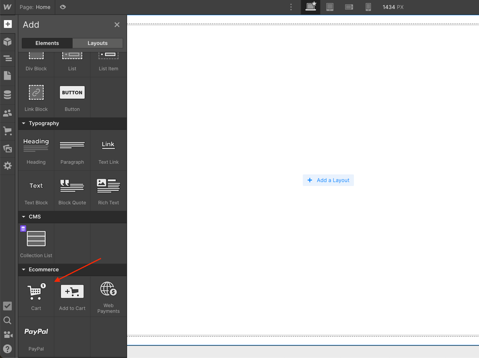 A picture showing how to add a cart on webflow canvas