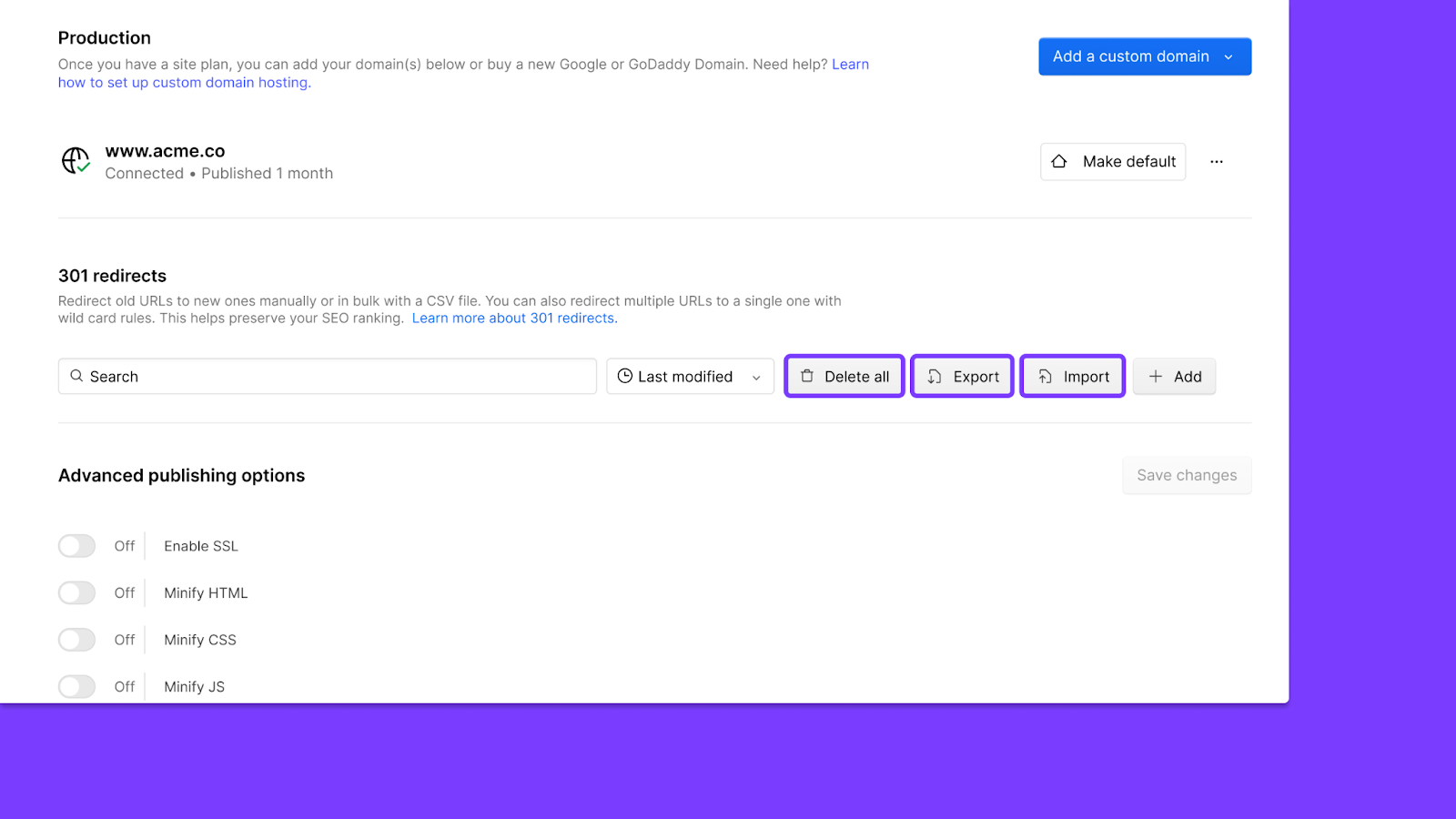 301 redirect management with csv support - webflow settings