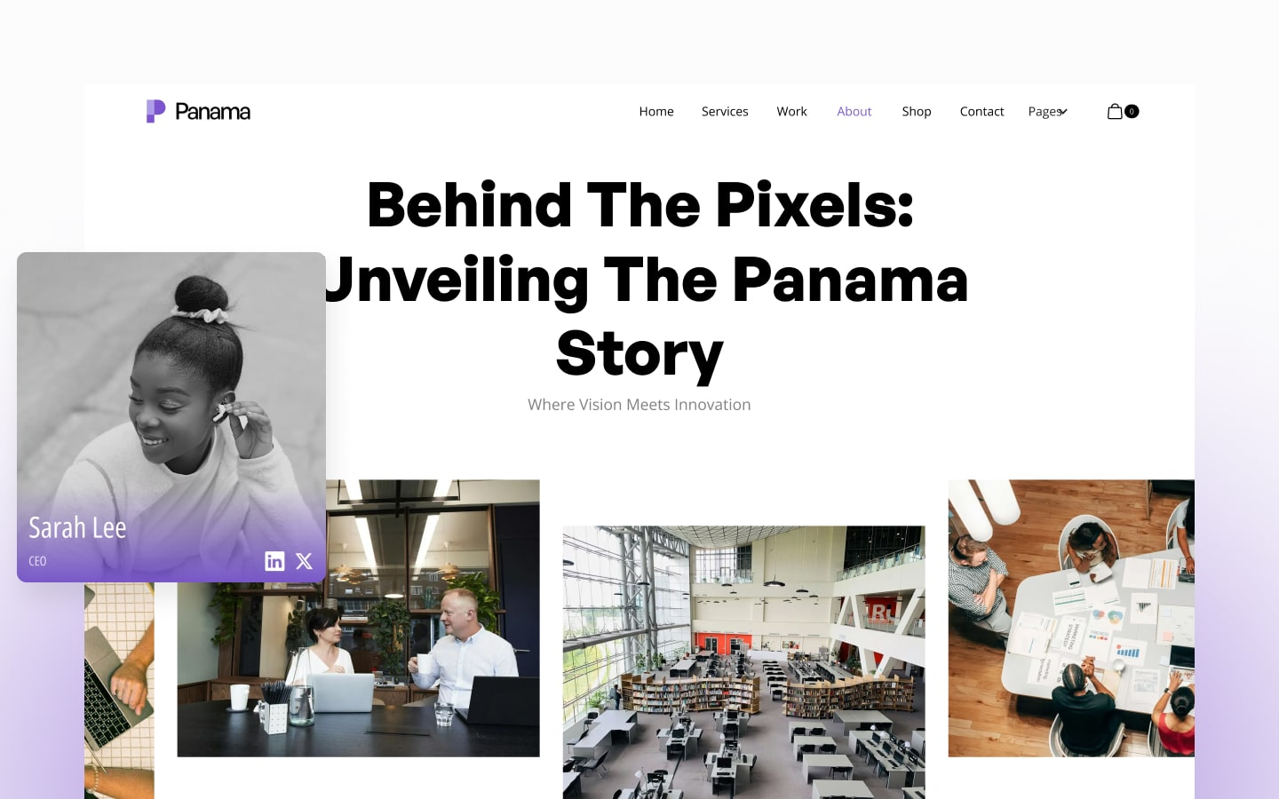 Panama template showcasing the company’s story, team profiles, and innovative workspace with a clean and professional layout