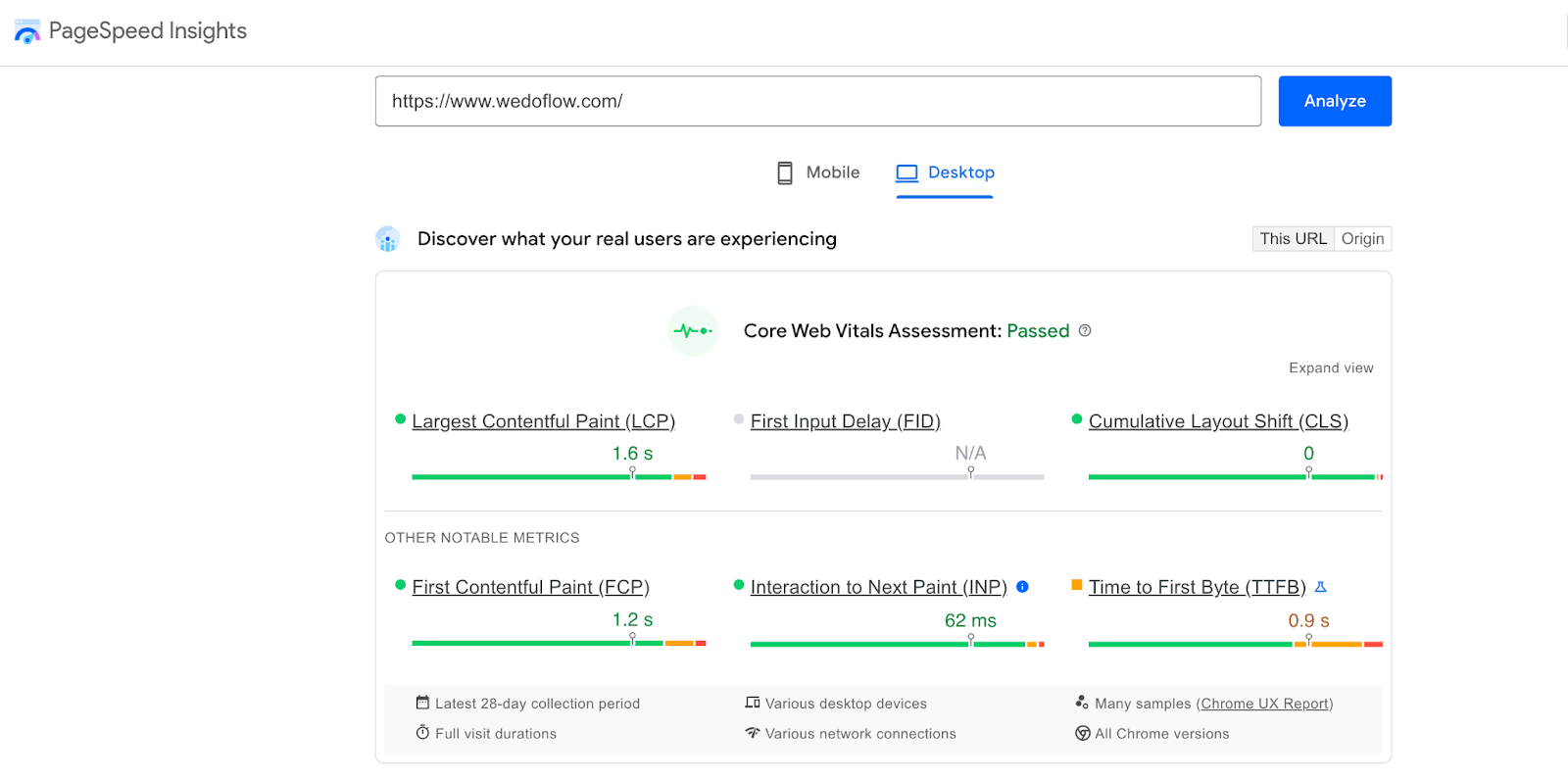 A screenshot of the Page speed results of Wedoflow.com site optimization
