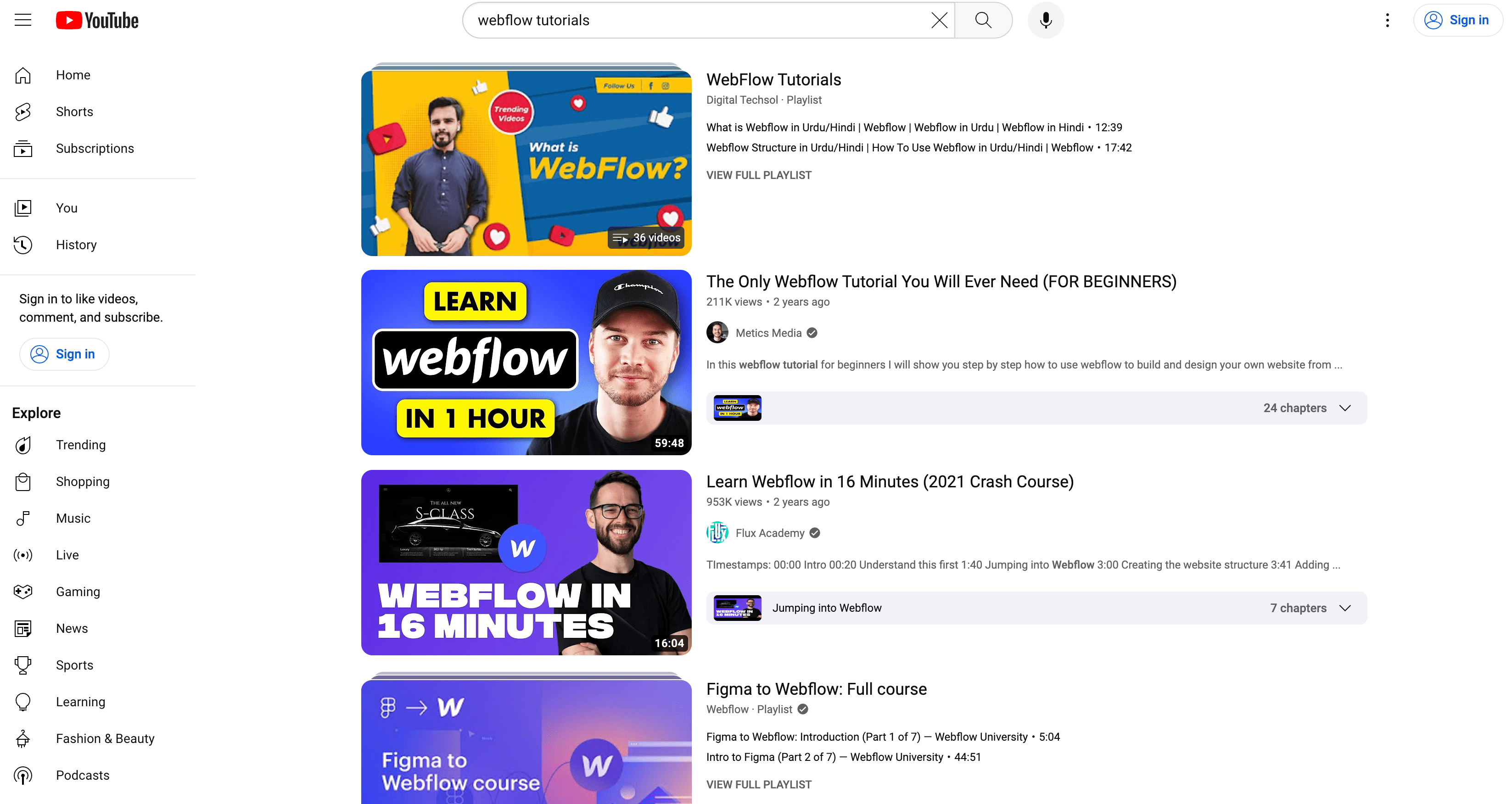 A screenshot of YouTube showing different Webflow tutorial videos
