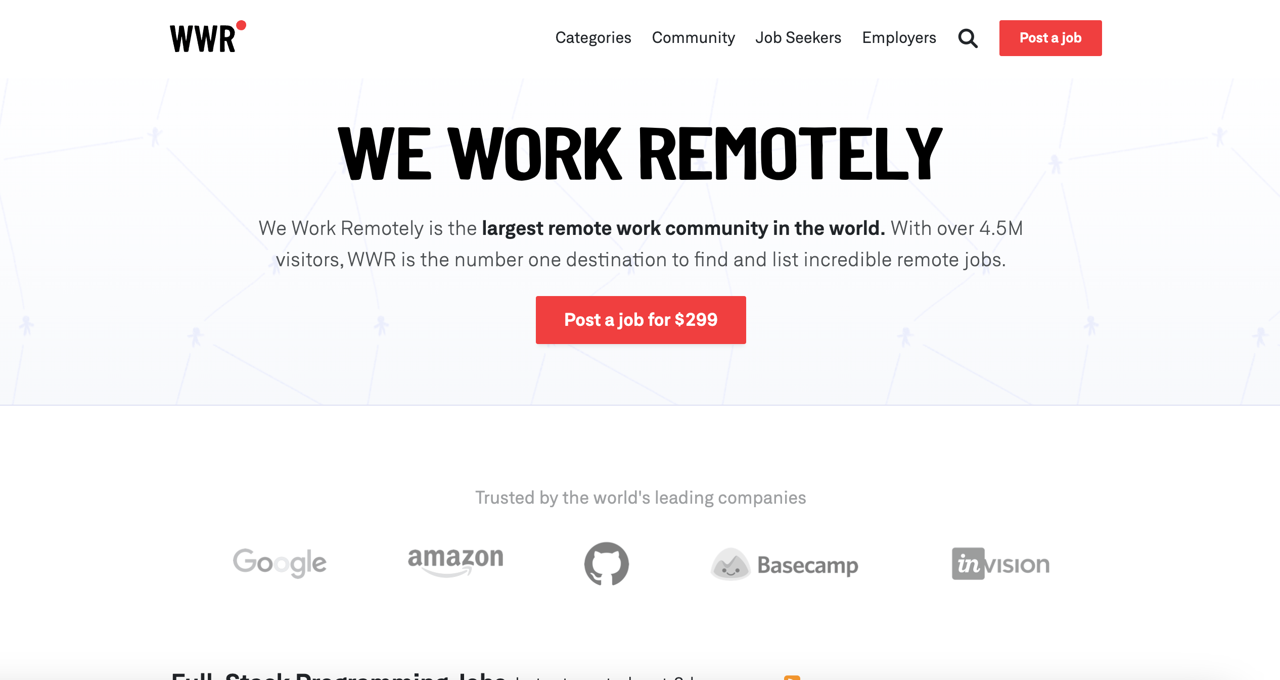 A screenshot of the We work remotely website, hero section- Wedoflow