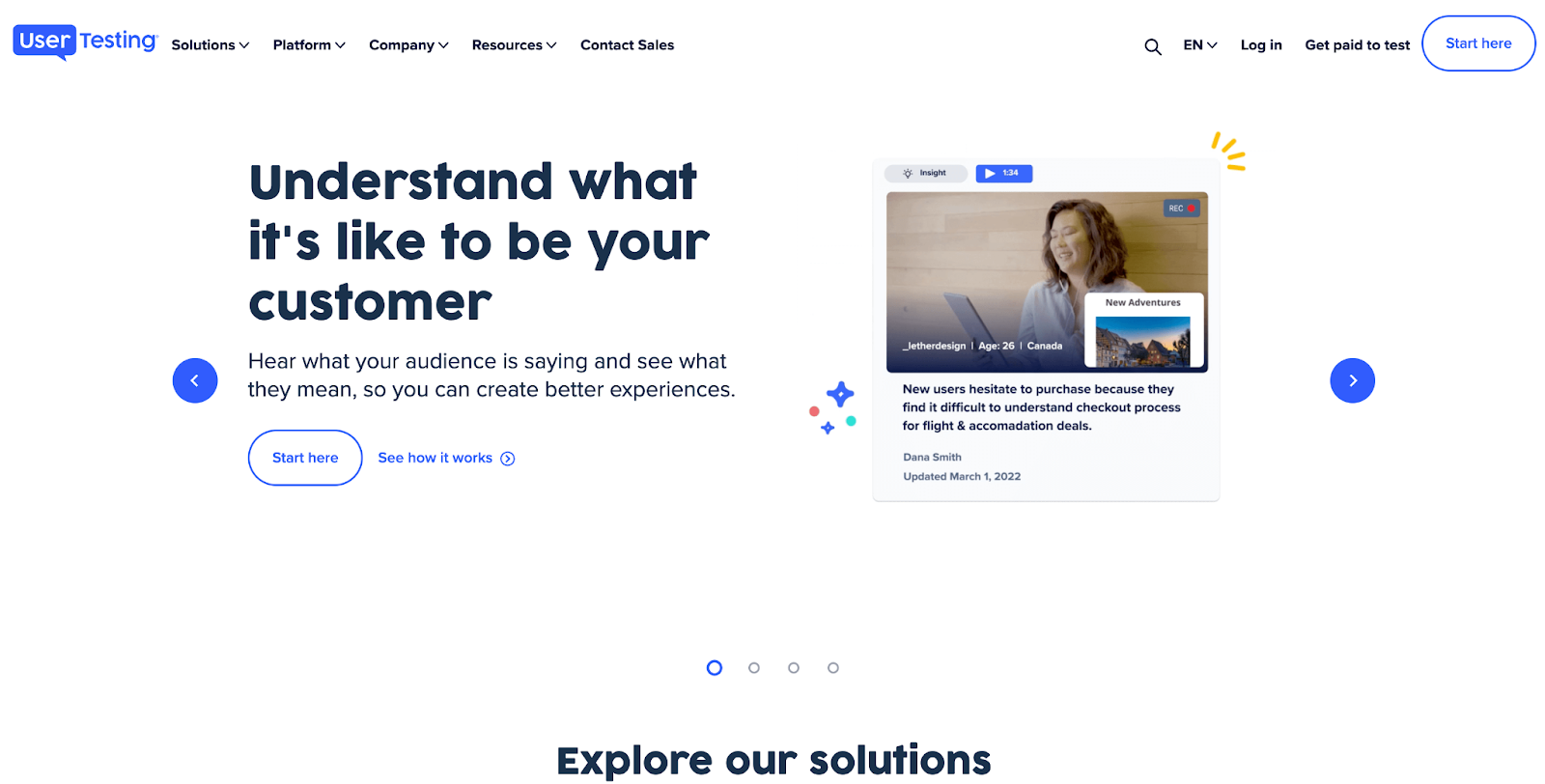 Usertesting's homepage view showing a text "Understand what it's like to be your customer"