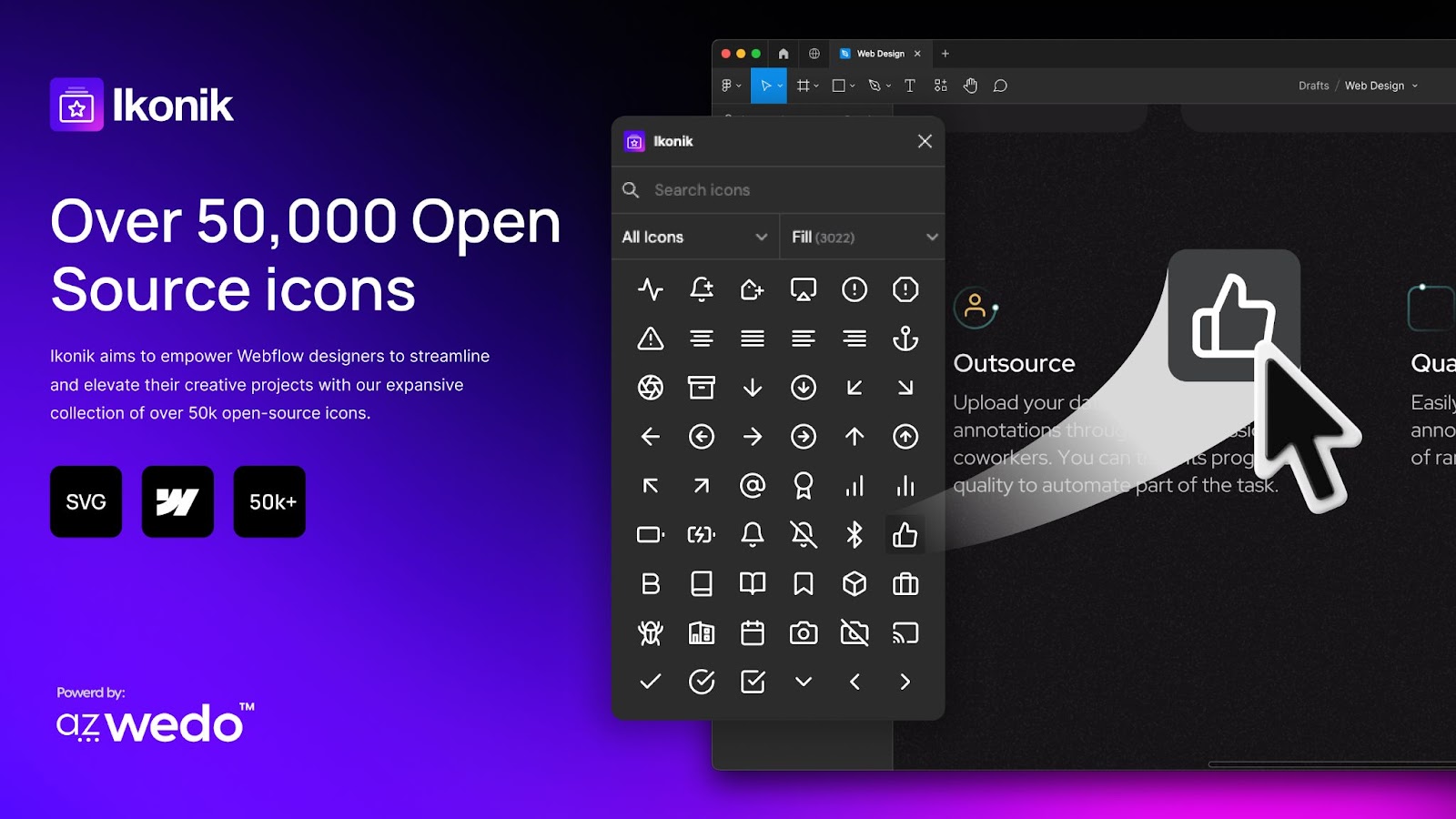 Ikonik webflow app preview - showing 50k+ open source icons to be used for free
