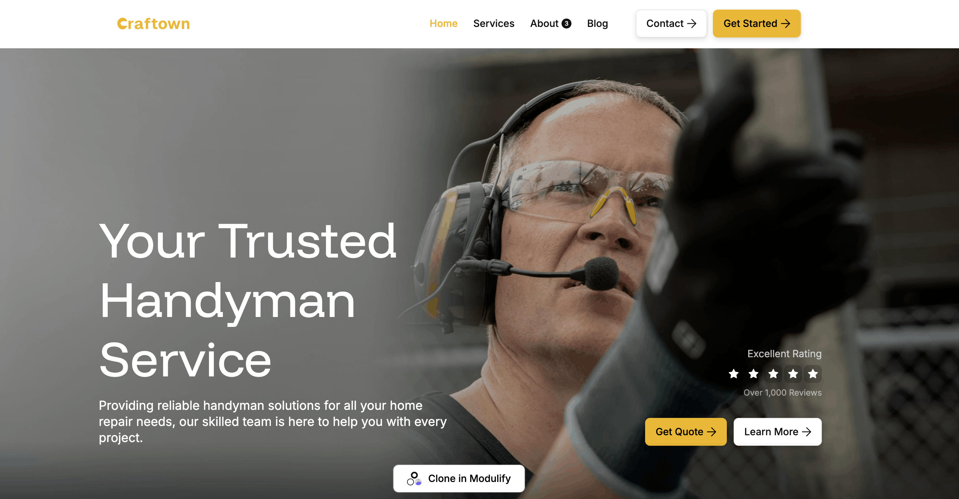 Business webflow cloneable template showing a hero section of a handyman service website with a large headline, yellow call-to-action buttons, star rating, and a close-up image of a worker wearing safety glasses and headset.