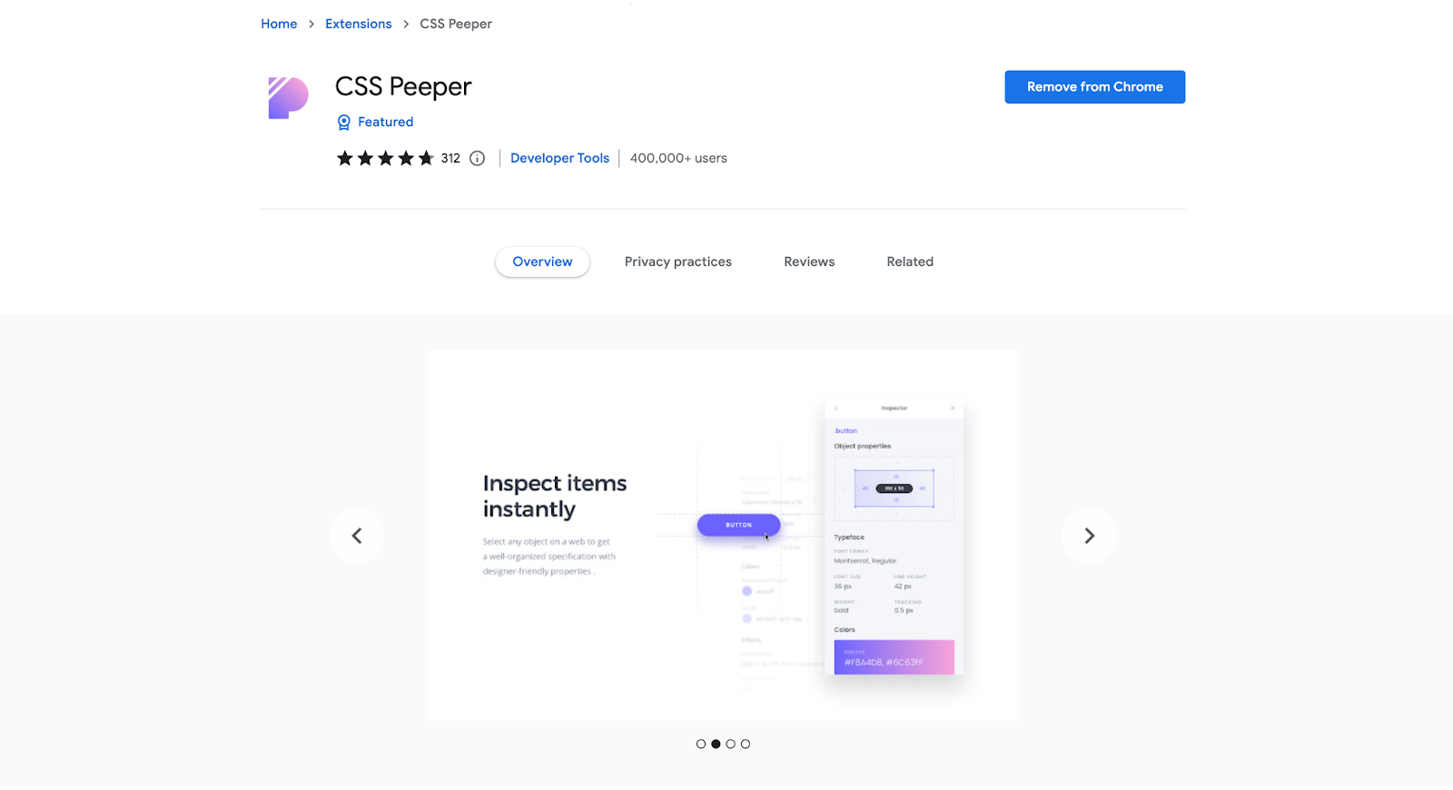 A preview of the CSS Peeper Chrome extension inside the Chrome extensions library