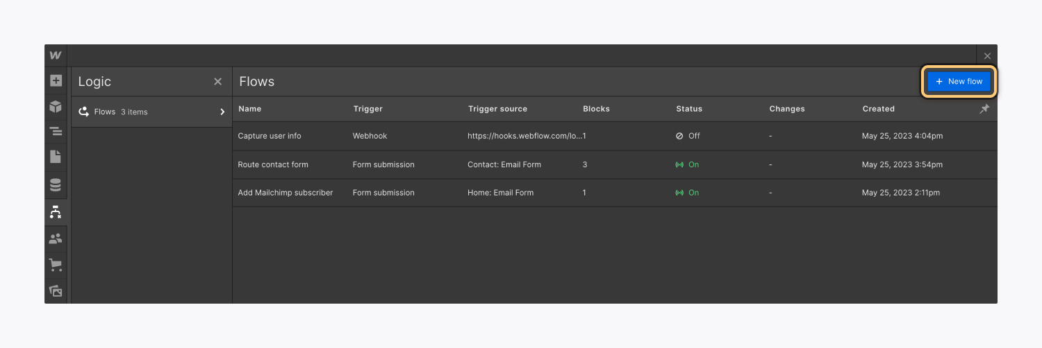 How to create a new flow inside the webflow logic settings
