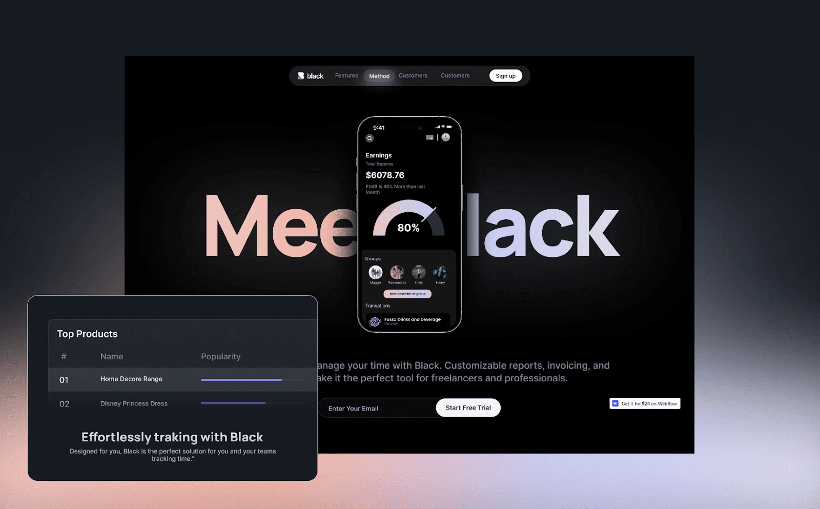 Black App Website Template preview pictures - Black Webflow Web App Template - Wedoflow