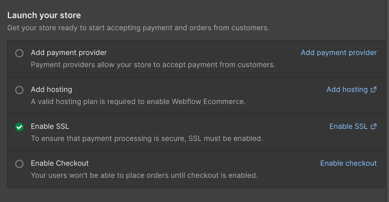 An image of steps to take to launch your store on Webflow ecommerce