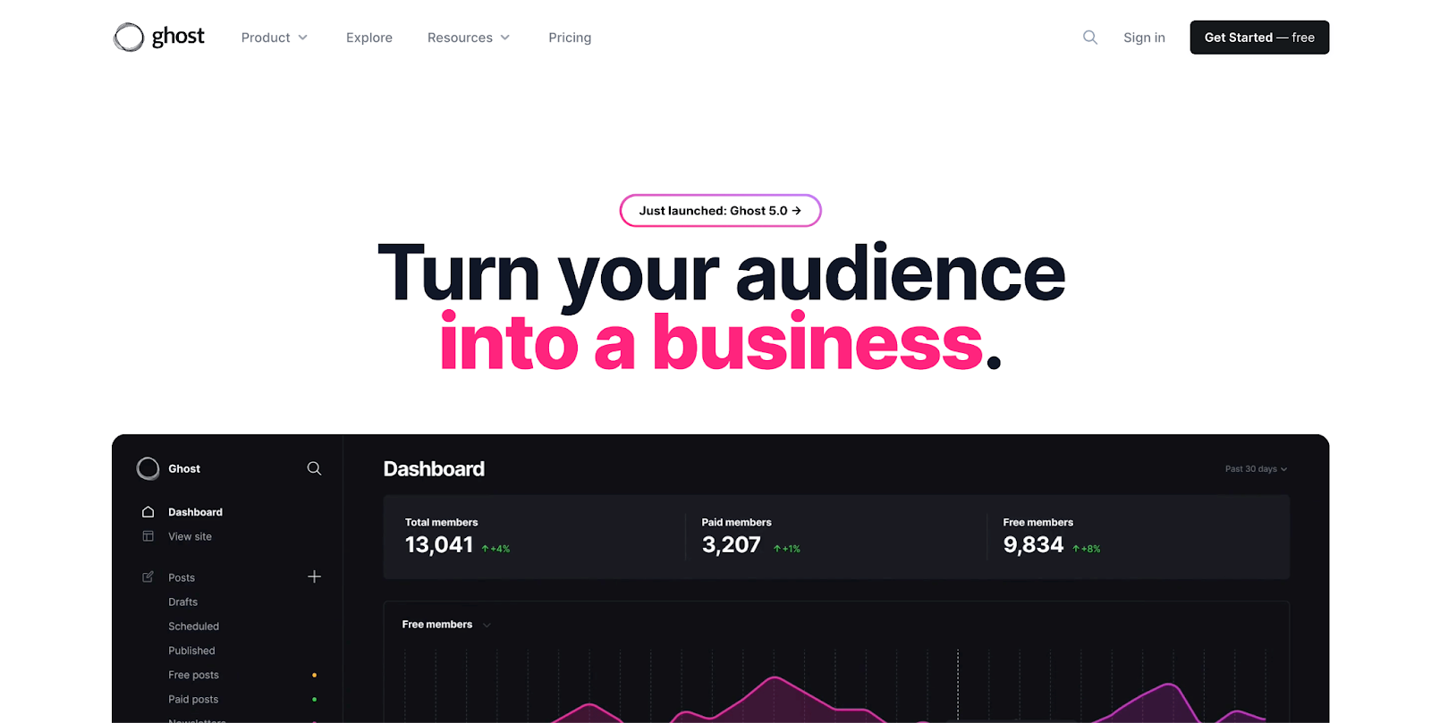Ghost homepage screenshot - "Turn your audience into a business" text in the middle