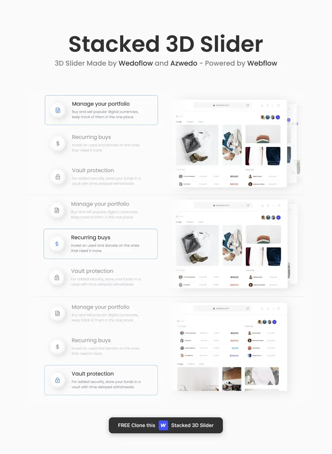 Awesome Weblow cloneable animation a stacked 3D slider. Clone this web animation on Webflow and get inspired for your future modern website.