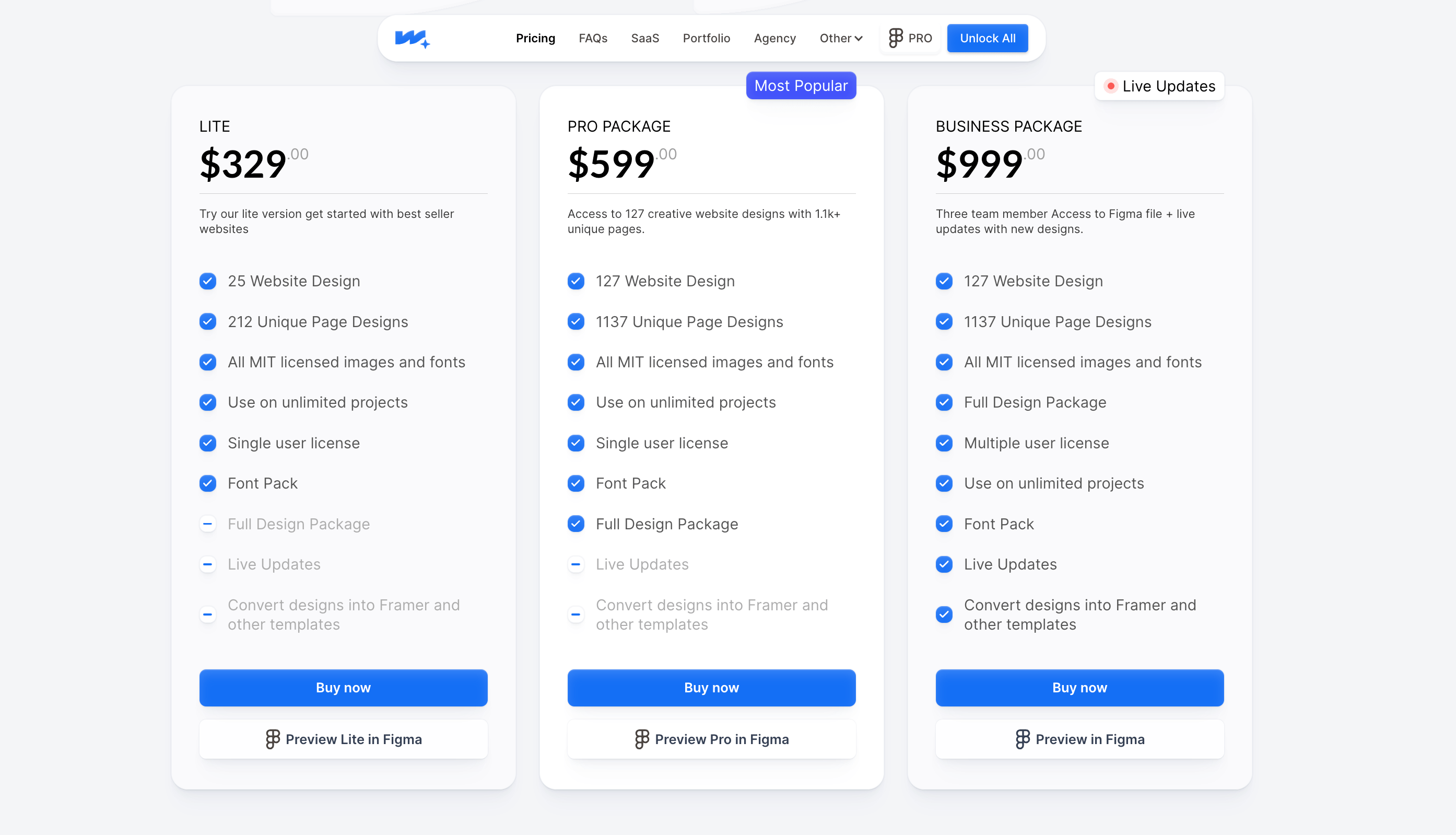 A screenshot of the Wonderlist Design 3 Pricing Plans with its features. Lite plan is $329, Pro is $599 and Business is $999