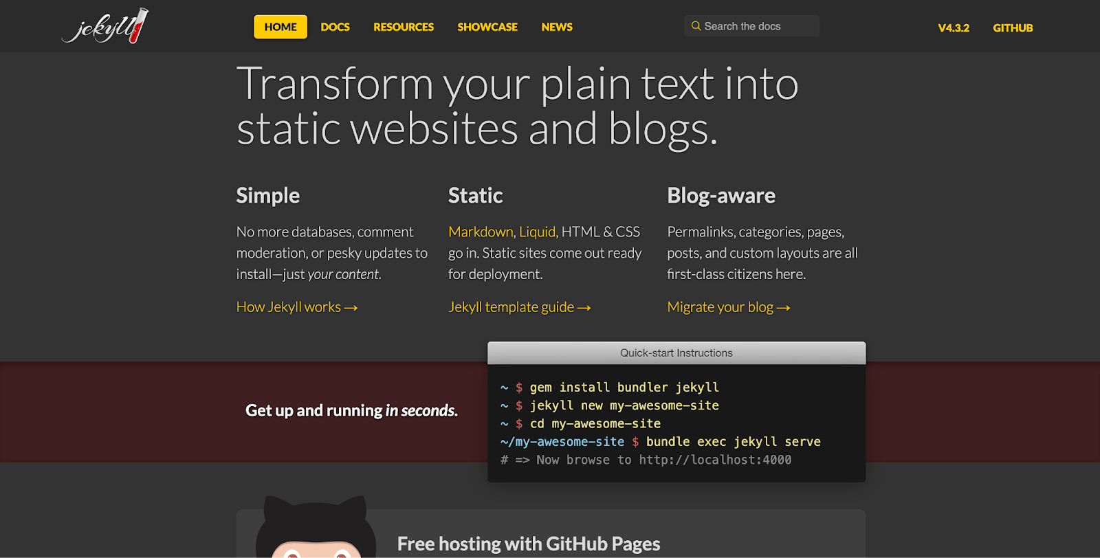 Jekyll homepage screenshot - Transform you text into static websites and blogs