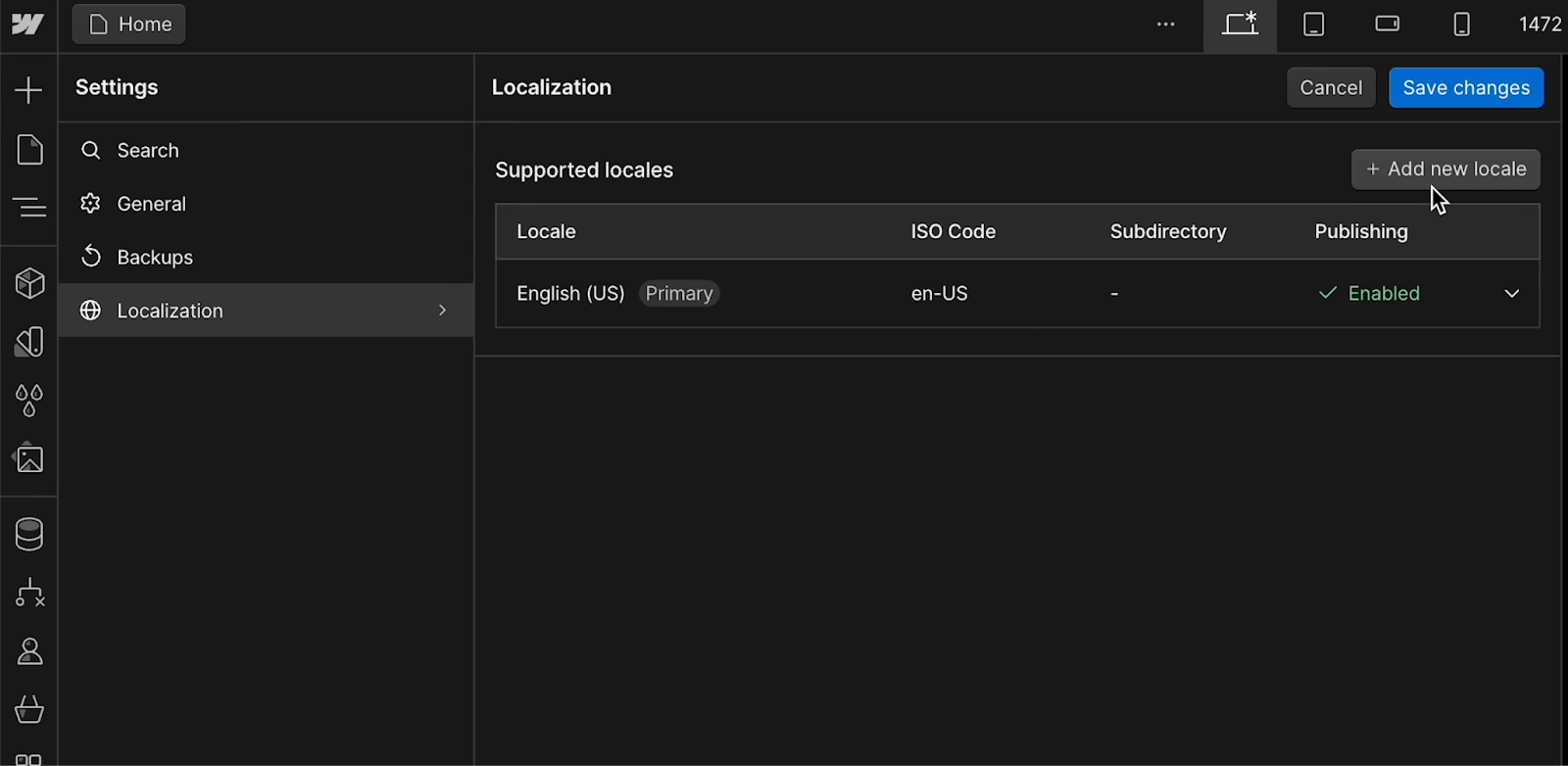 A screenshot of the Webflow Localization settings panel showing how to add a new locale