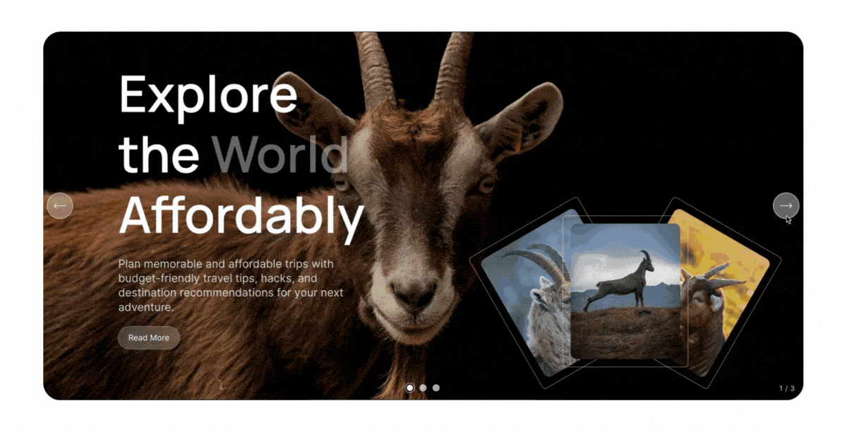 A gif preview of the Goat Slider demo showing 3 slides of a Goat, Lion and Rino