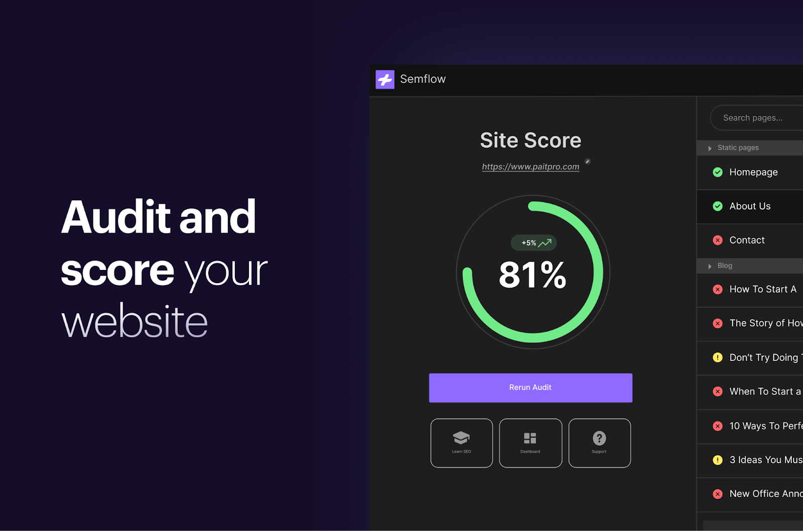 A preview of the Semflow Webflow App - the picture reads "Audit and score your website" - the app is used for your sites SEO needs