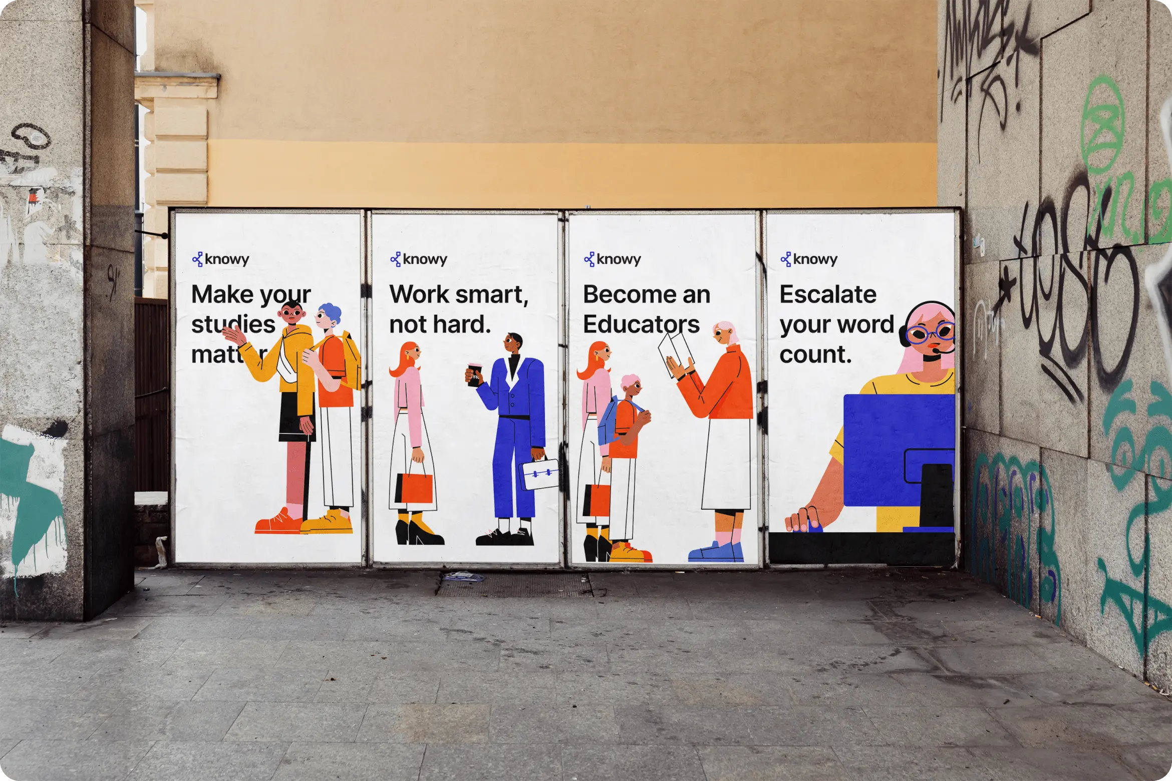 Art and Illustration design for Knowy.ai by Azwedo. 4 images are shown with different quotes and animated illustrations, one of them says "Work smart, not hard"