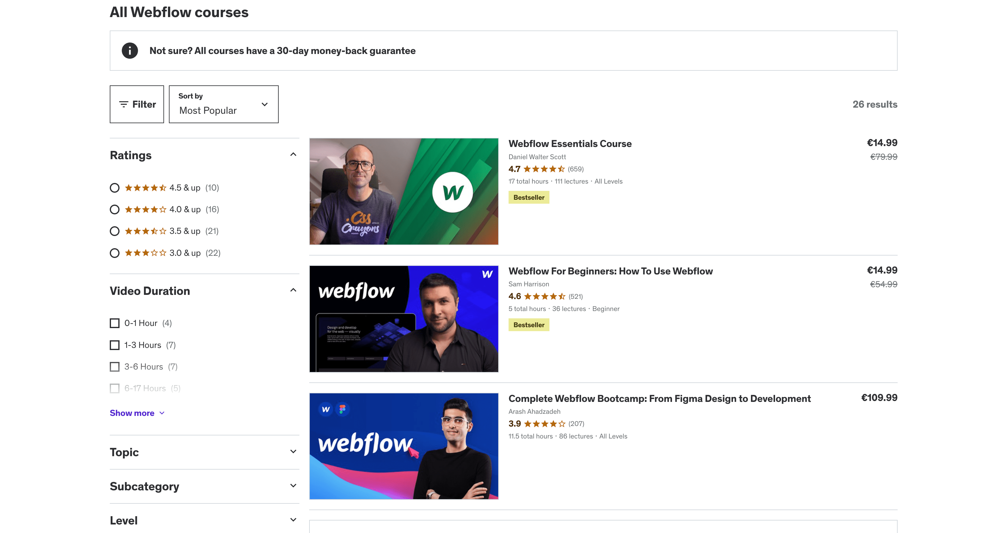 A screenshot of Udemy website, showing different Webflow courses for enrollment with different prices from 14.99+ euros