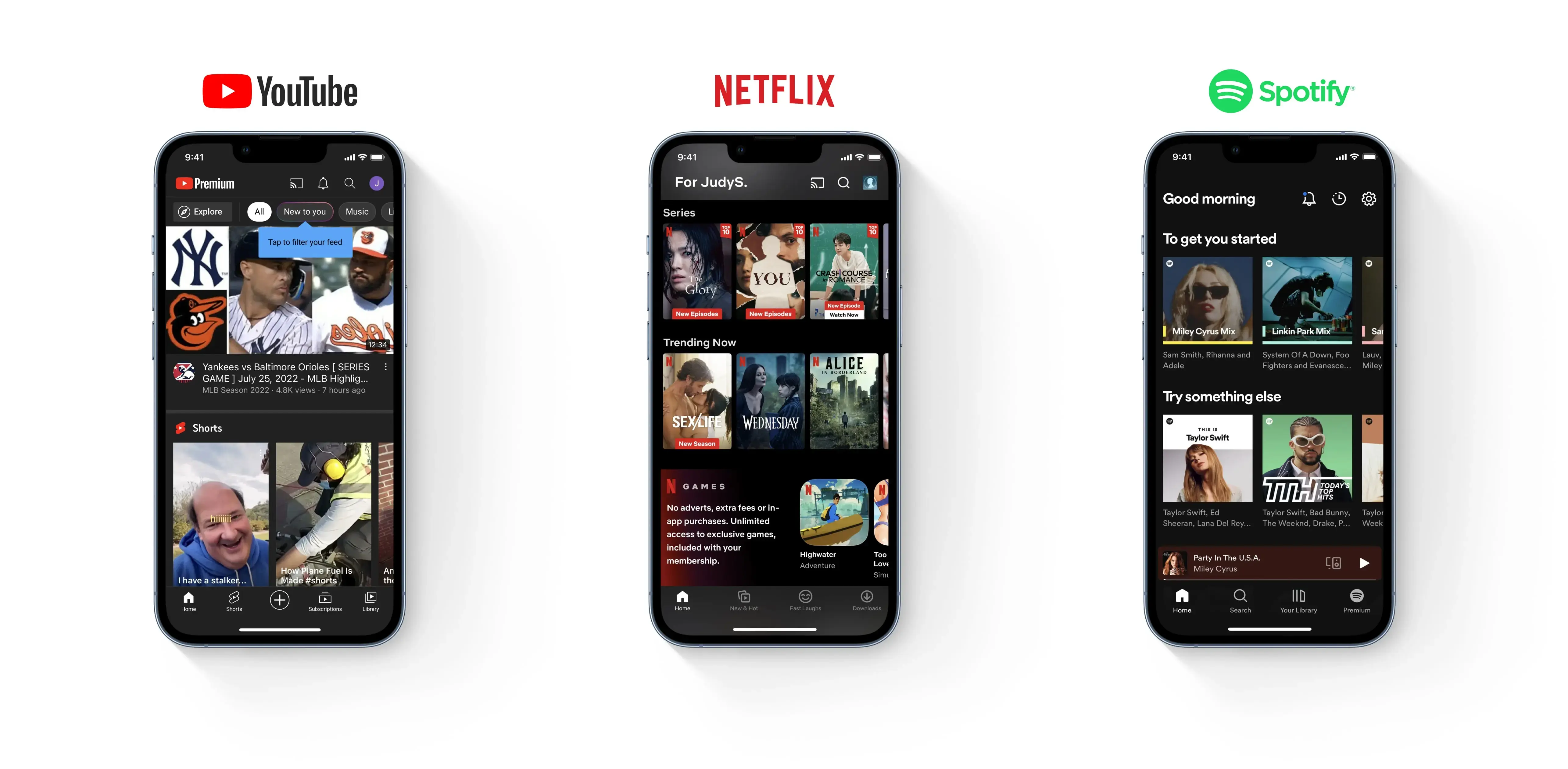 A picture of Youtube, Netflix and Spotify mobile dark mode interface