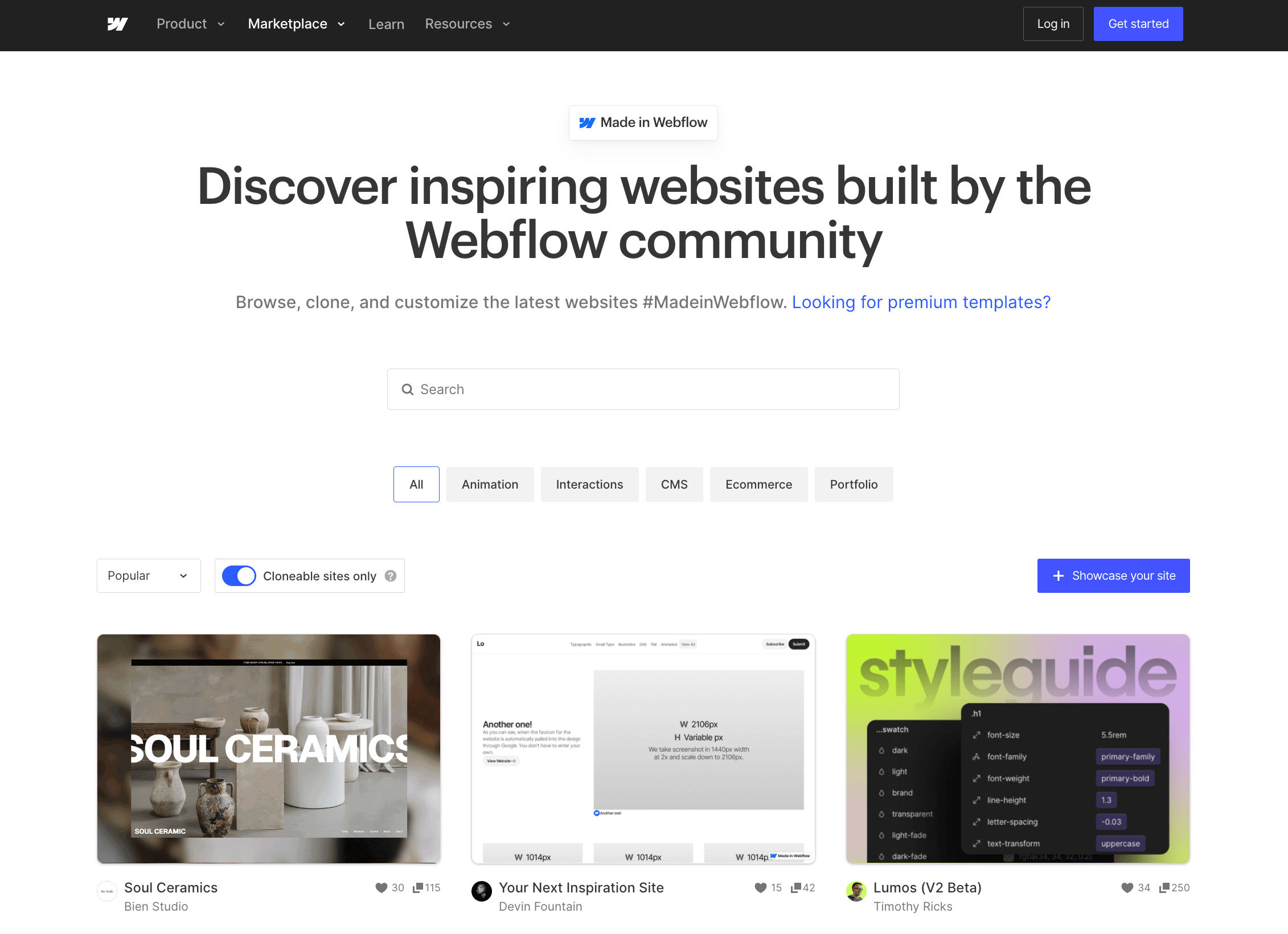 A screenshot of the Cloneable sites library inside the Made in Webflow section of Webflow Marketplace