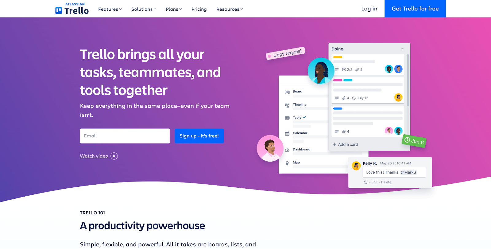 Trello's homepage screenshot showing a preview of trello's app user interface